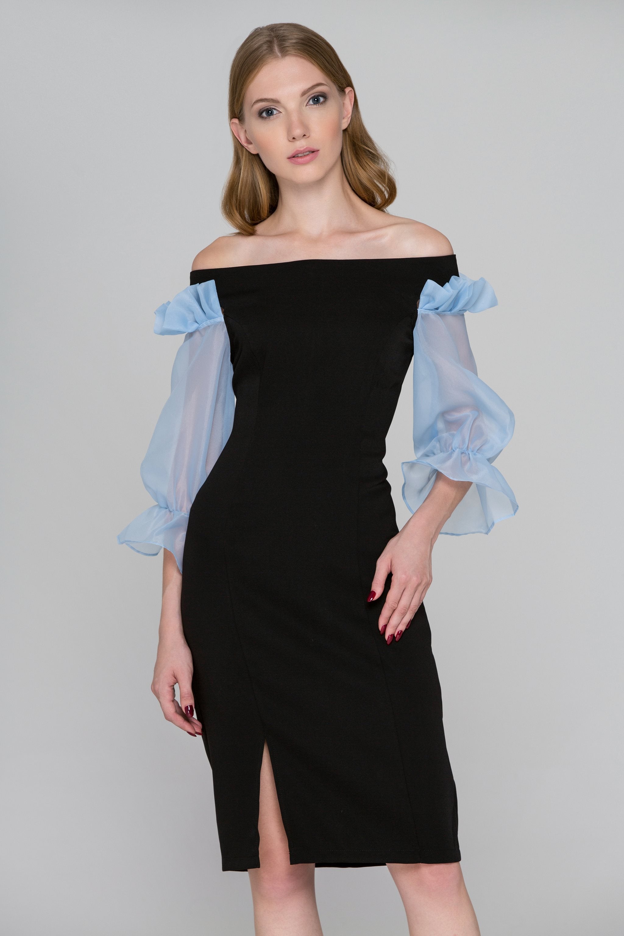 Black and Blue Sheer Ruffle Sleeve Midi Dress - ownthelooks-Development