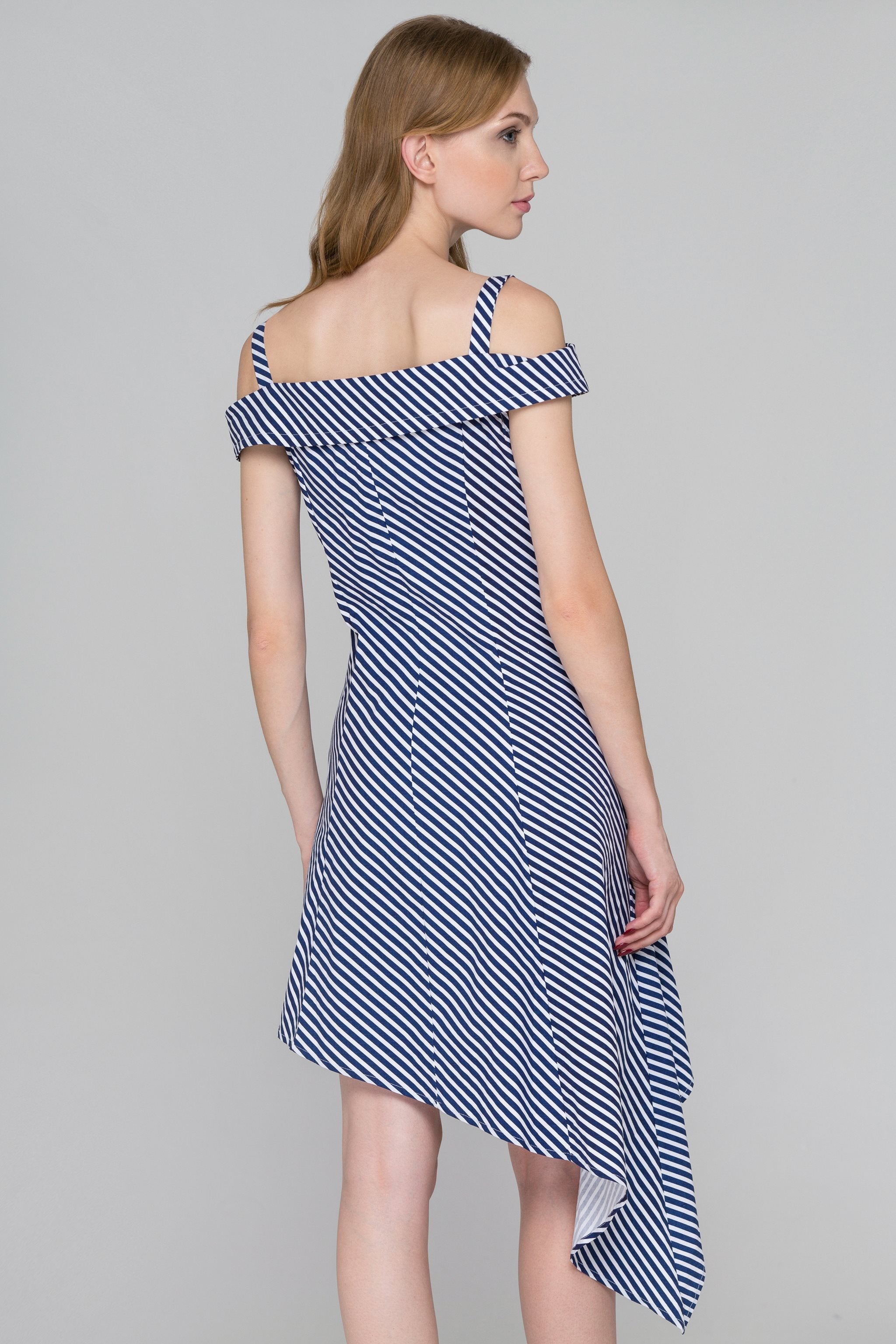 Blue Stripe Double Button Asymmetric Midi Dress - ownthelooks-Development