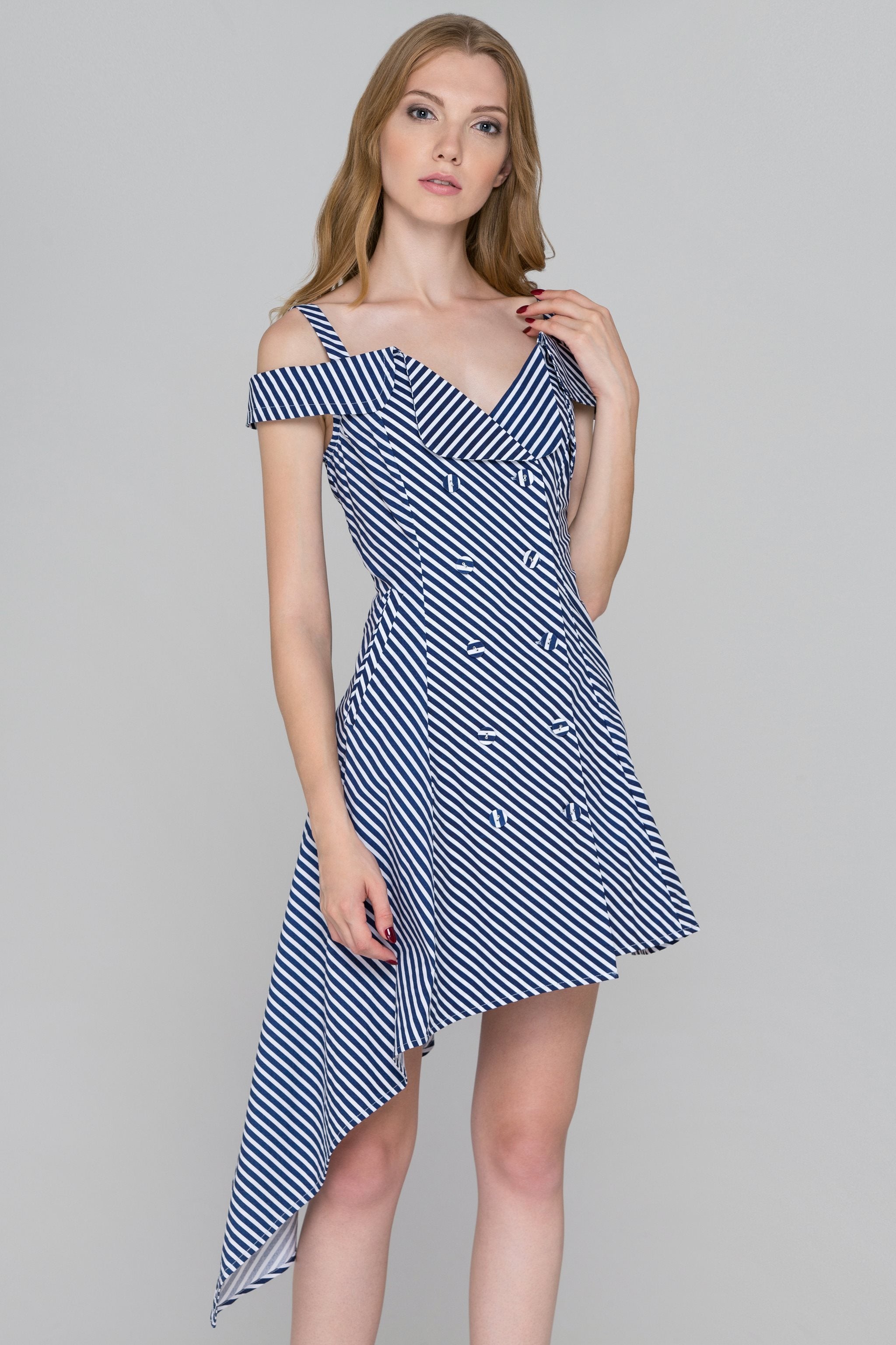 Blue Stripe Double Button Asymmetric Midi Dress - ownthelooks-Development