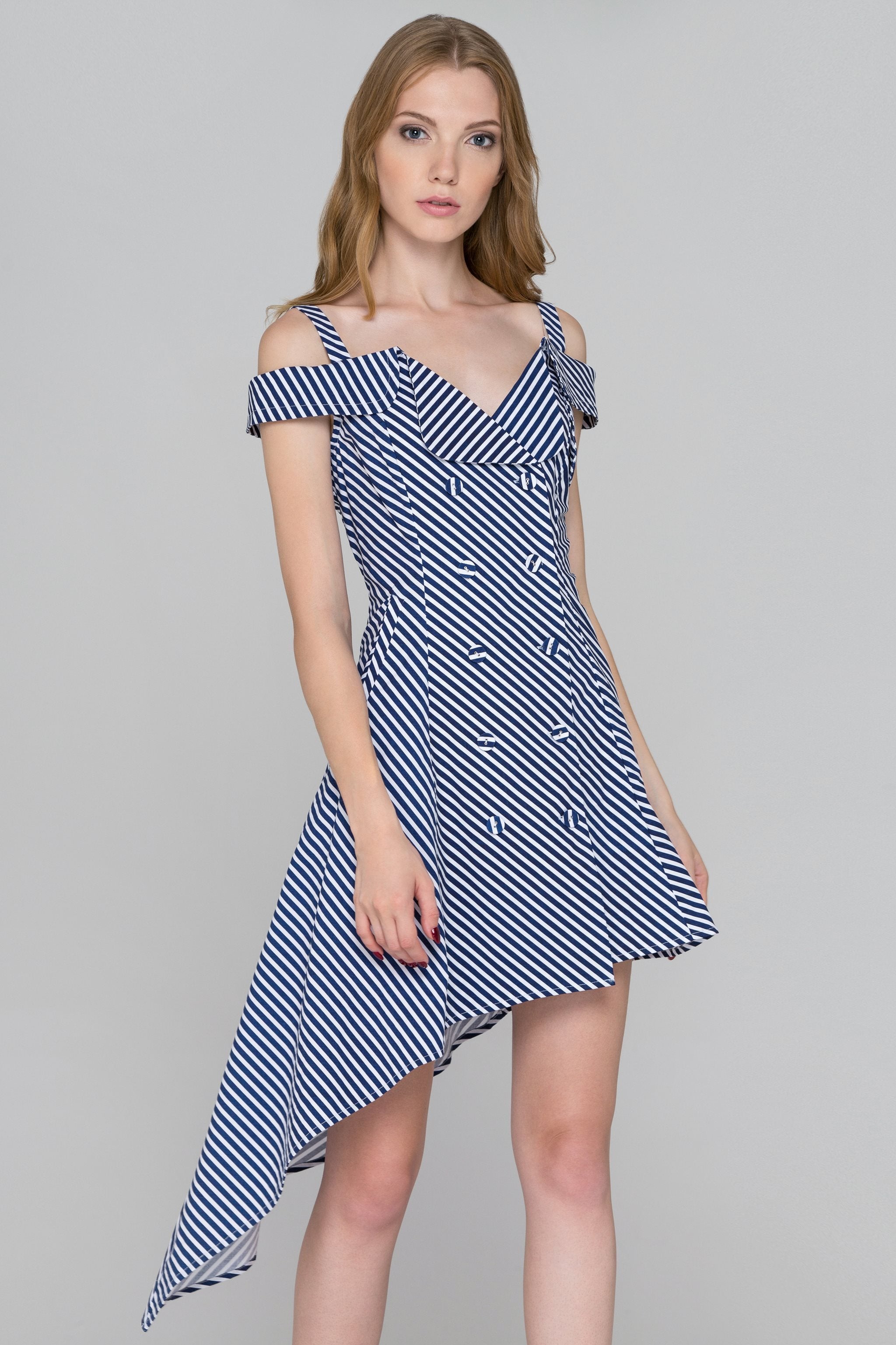 Blue Stripe Double Button Asymmetric Midi Dress - ownthelooks-Development