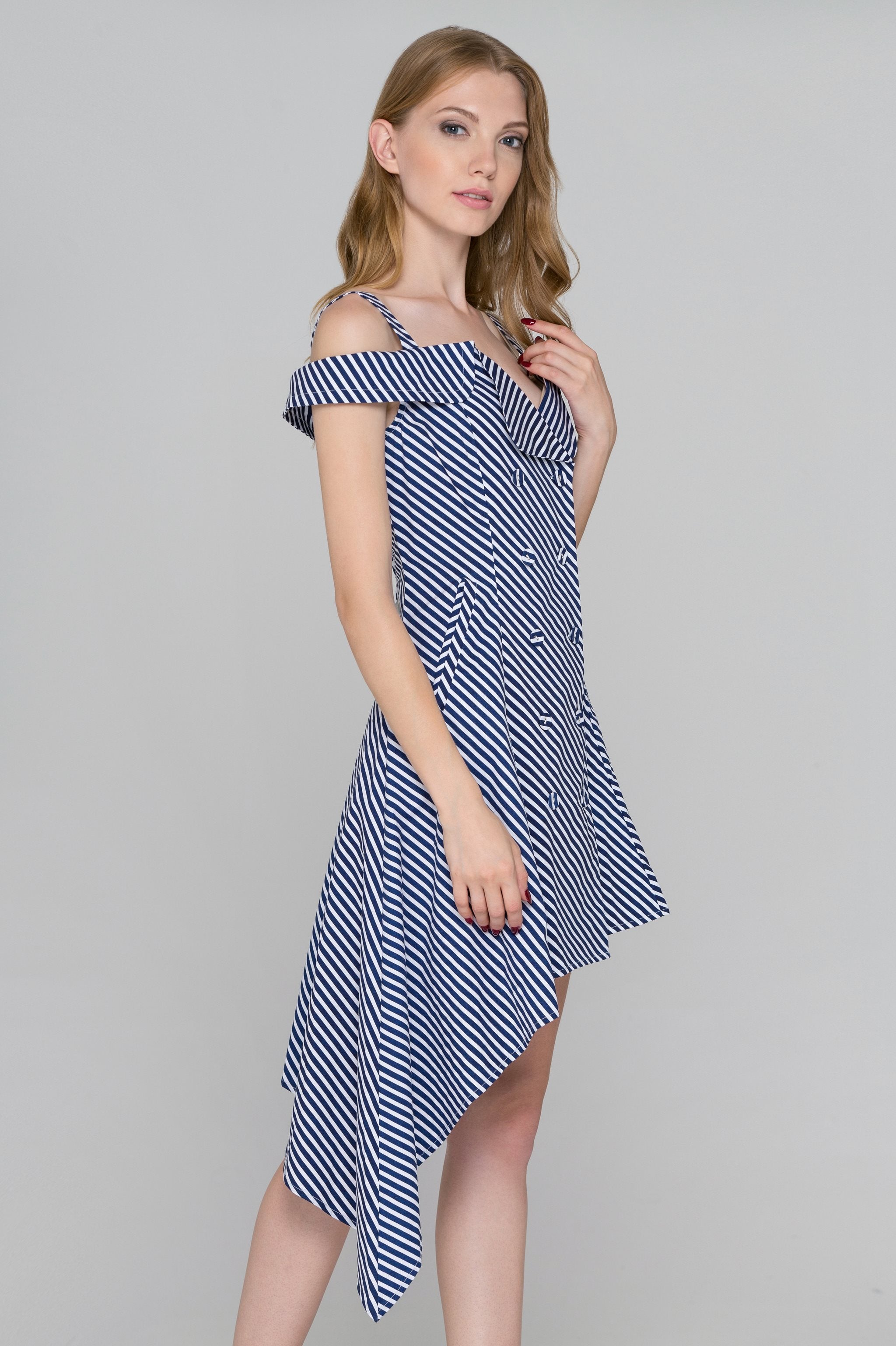 Blue Stripe Double Button Asymmetric Midi Dress - ownthelooks-Development