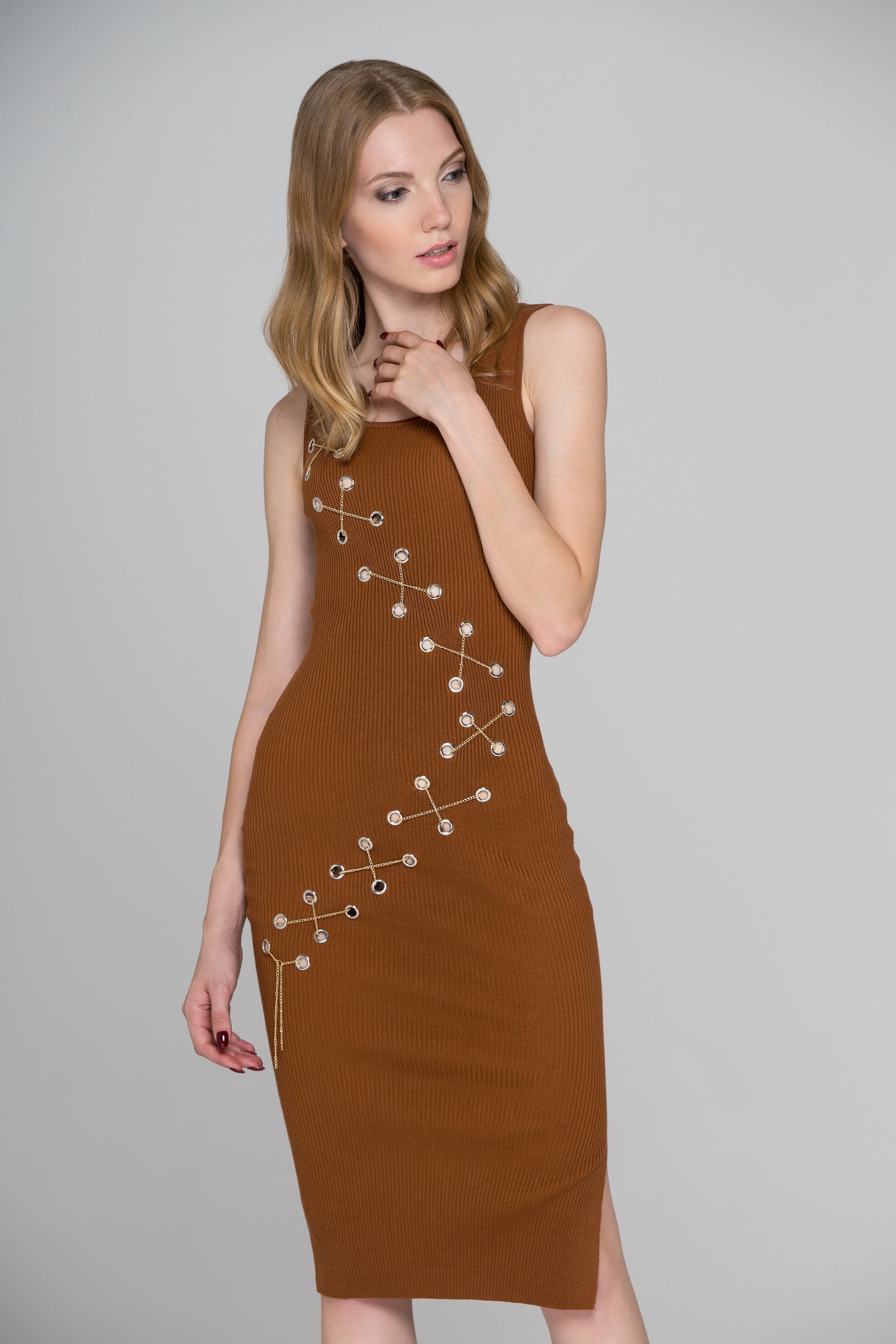 Brown Knit Ring Chain Bodycon Midi Dress - ownthelooks-Development