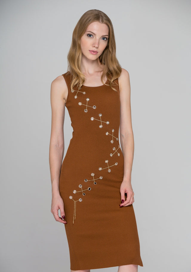Brown Knit Ring Chain Bodycon Midi Dress - ownthelooks-Development