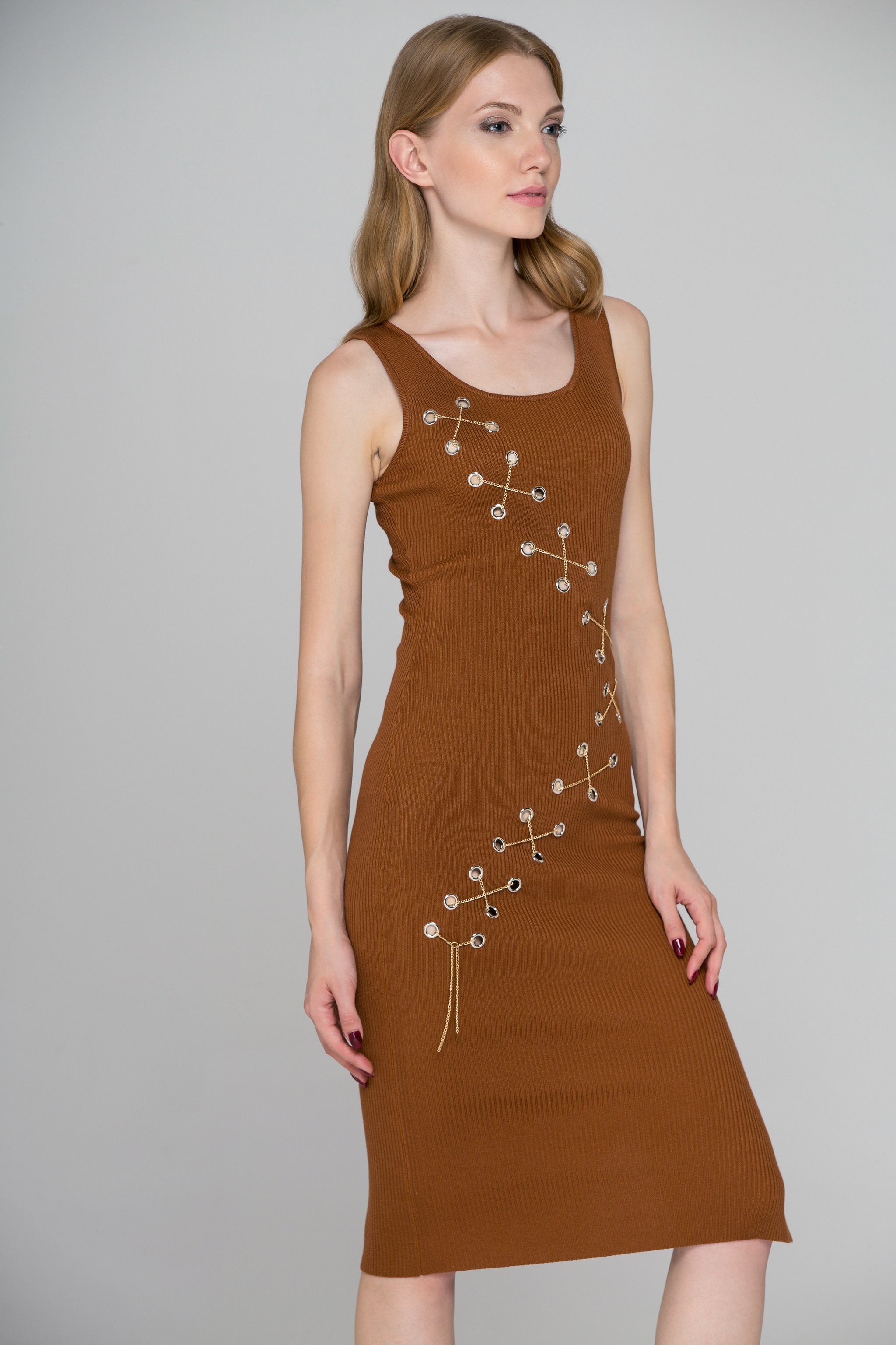 Brown Knit Ring Chain Bodycon Midi Dress - ownthelooks-Development