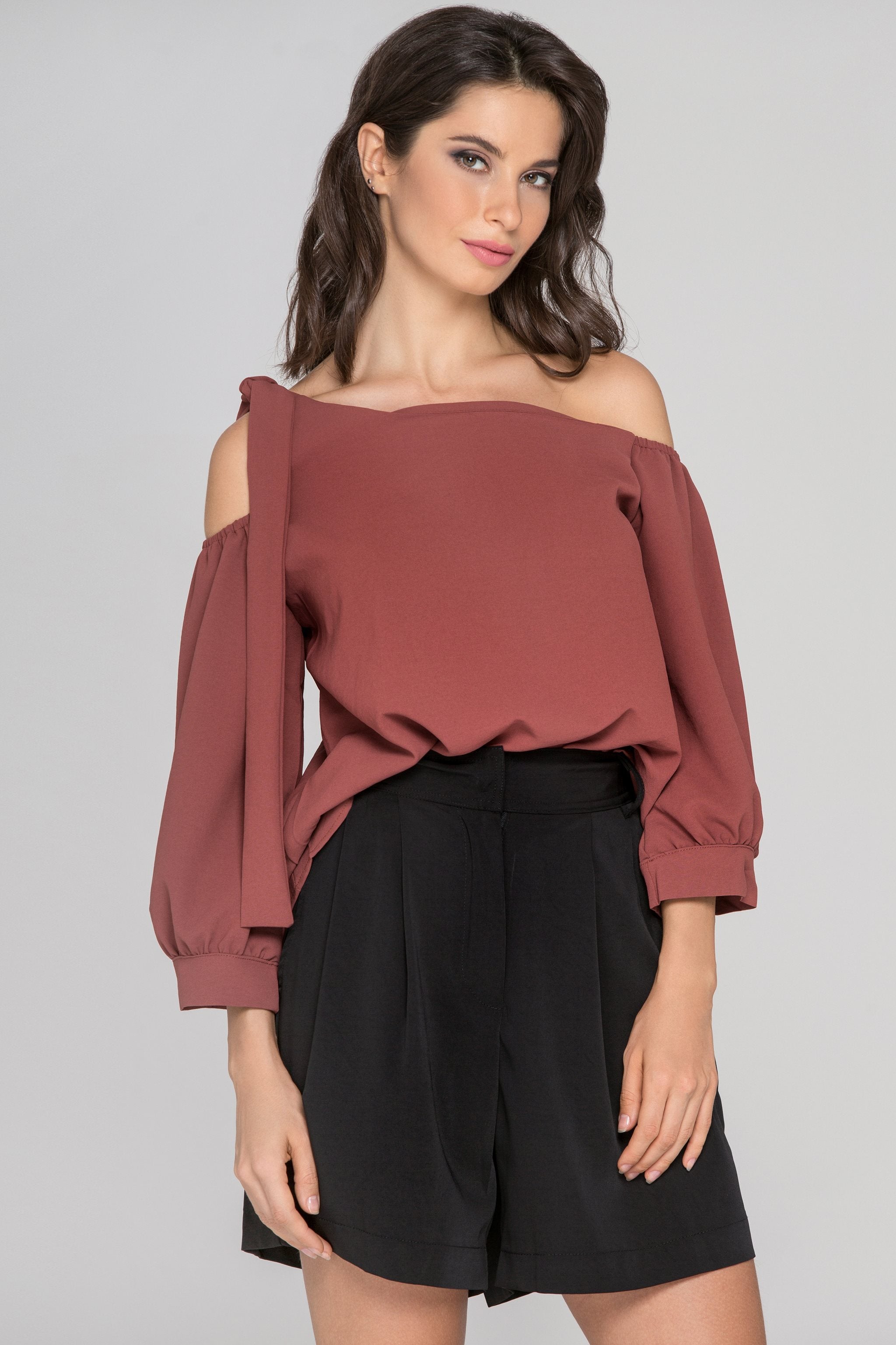 Cinnamon Sleeved One Shoulder Top - ownthelooks-Development