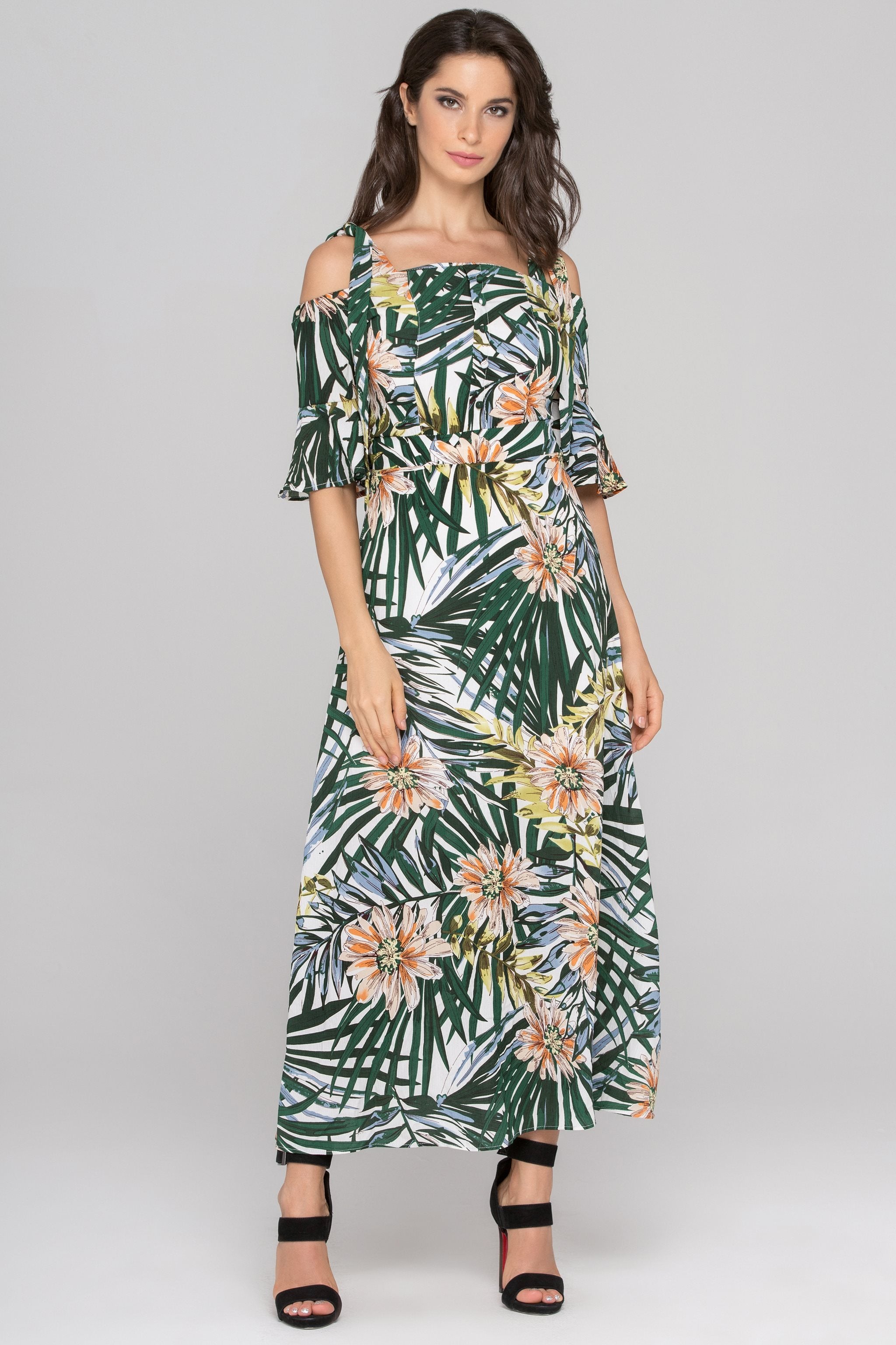 Garden Print Cold Shoulder Maxi Dress - ownthelooks-Development