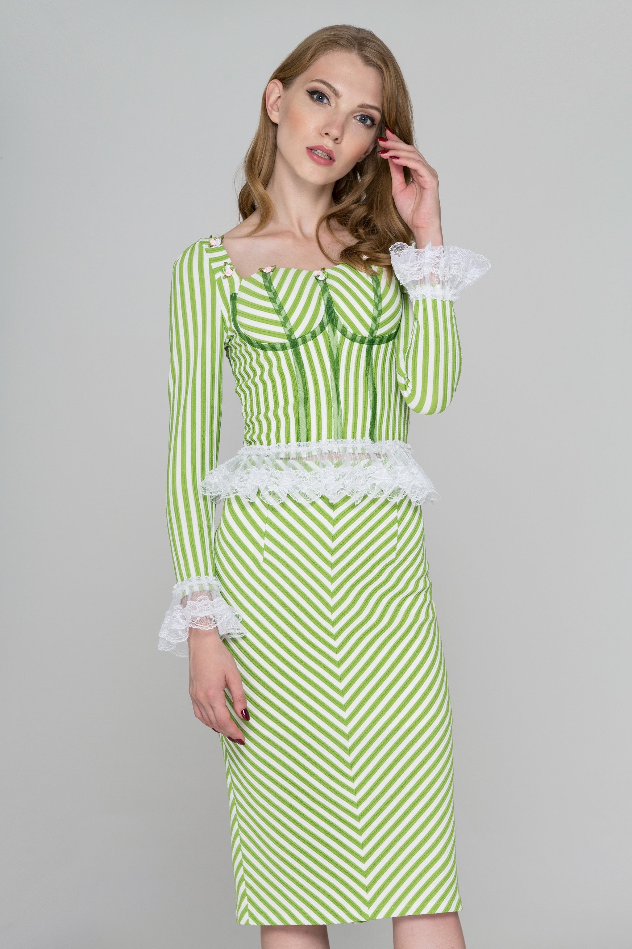 Green Fairy Stripe Two Piece Midi Dress - ownthelooks-Development