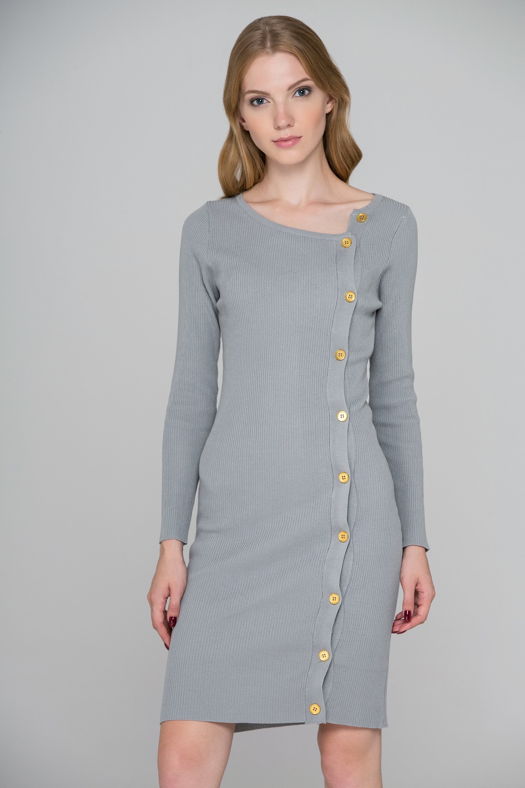 Grey Knit Sleeved Side Button Midi Dress - ownthelooks-Development