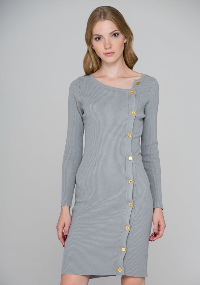 Grey Knit Sleeved Side Button Midi Dress - ownthelooks-Development