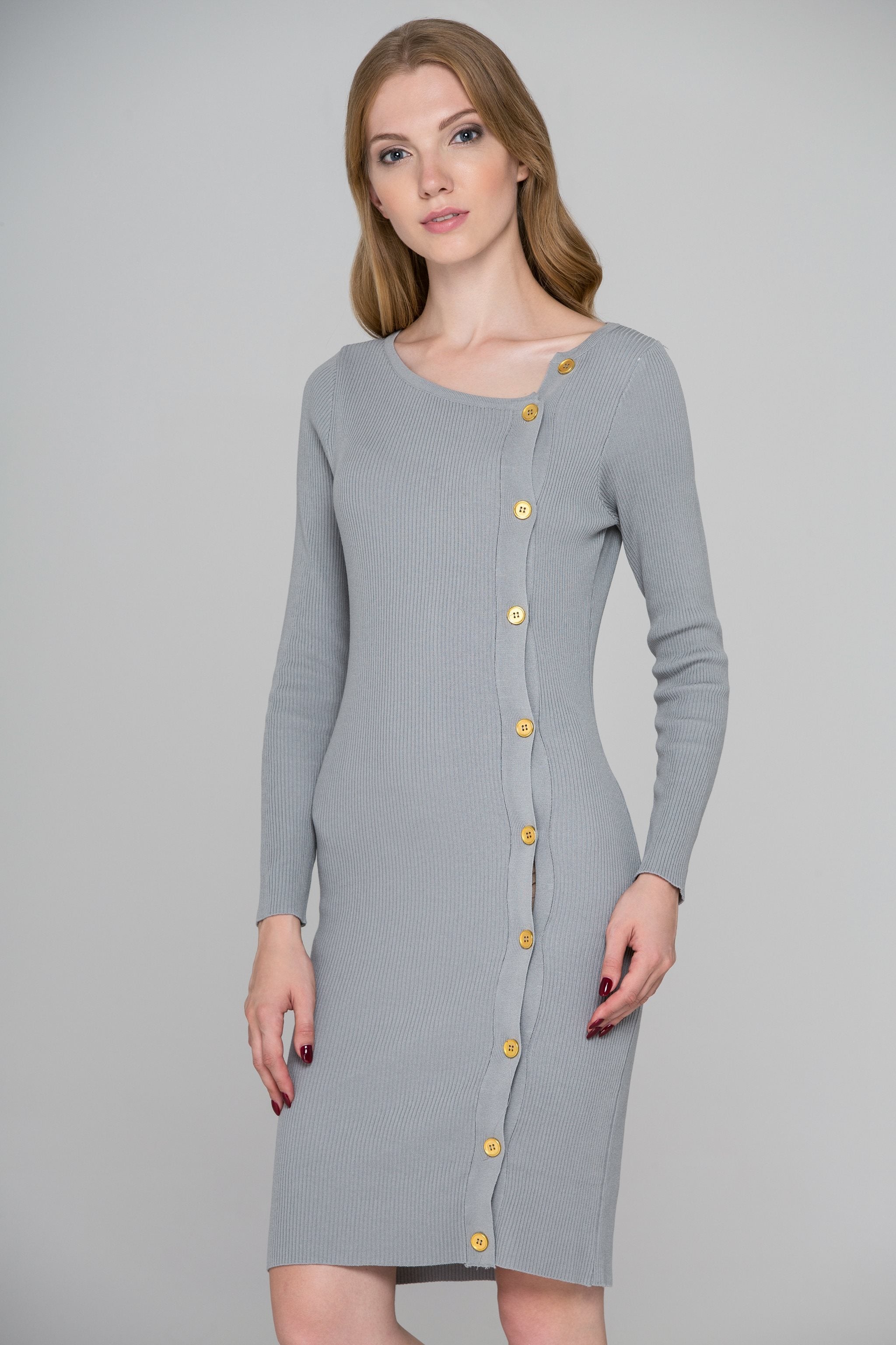 Grey Knit Sleeved Side Button Midi Dress - ownthelooks-Development