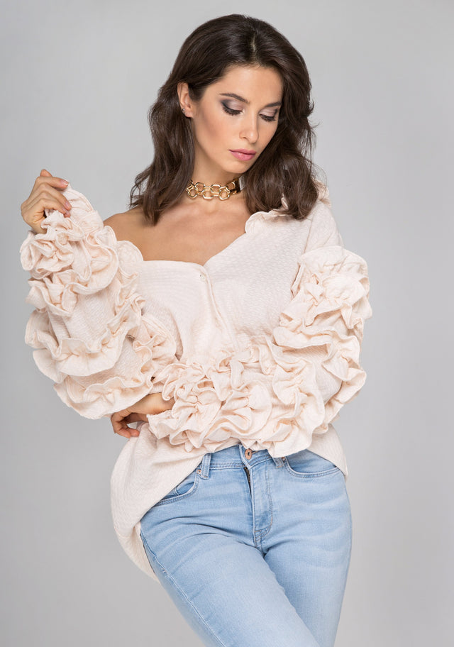 Light Peach Ruffle Sleeve Cardigan - ownthelooks-Development