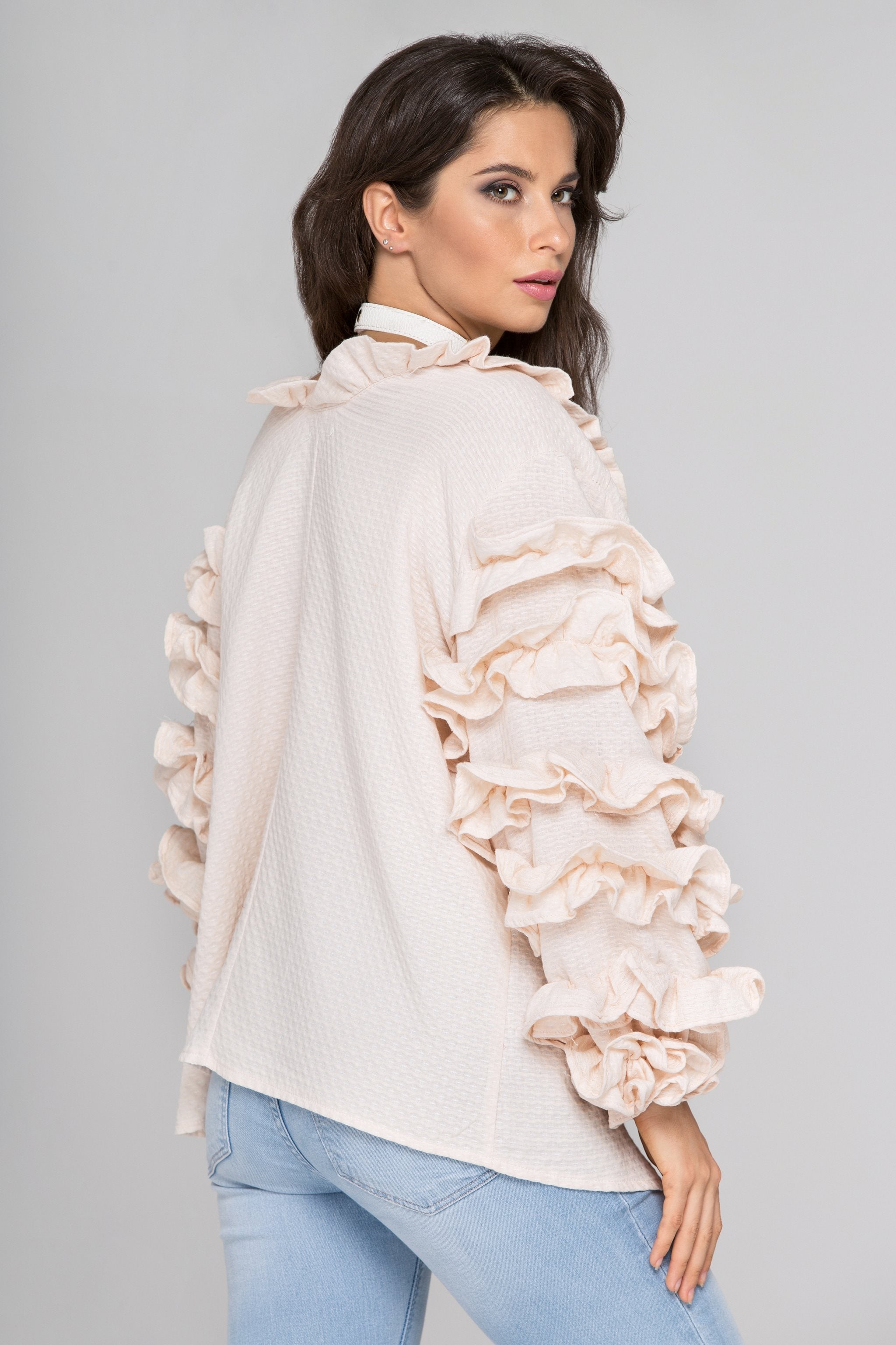 Light Peach Ruffle Sleeve Cardigan - ownthelooks-Development