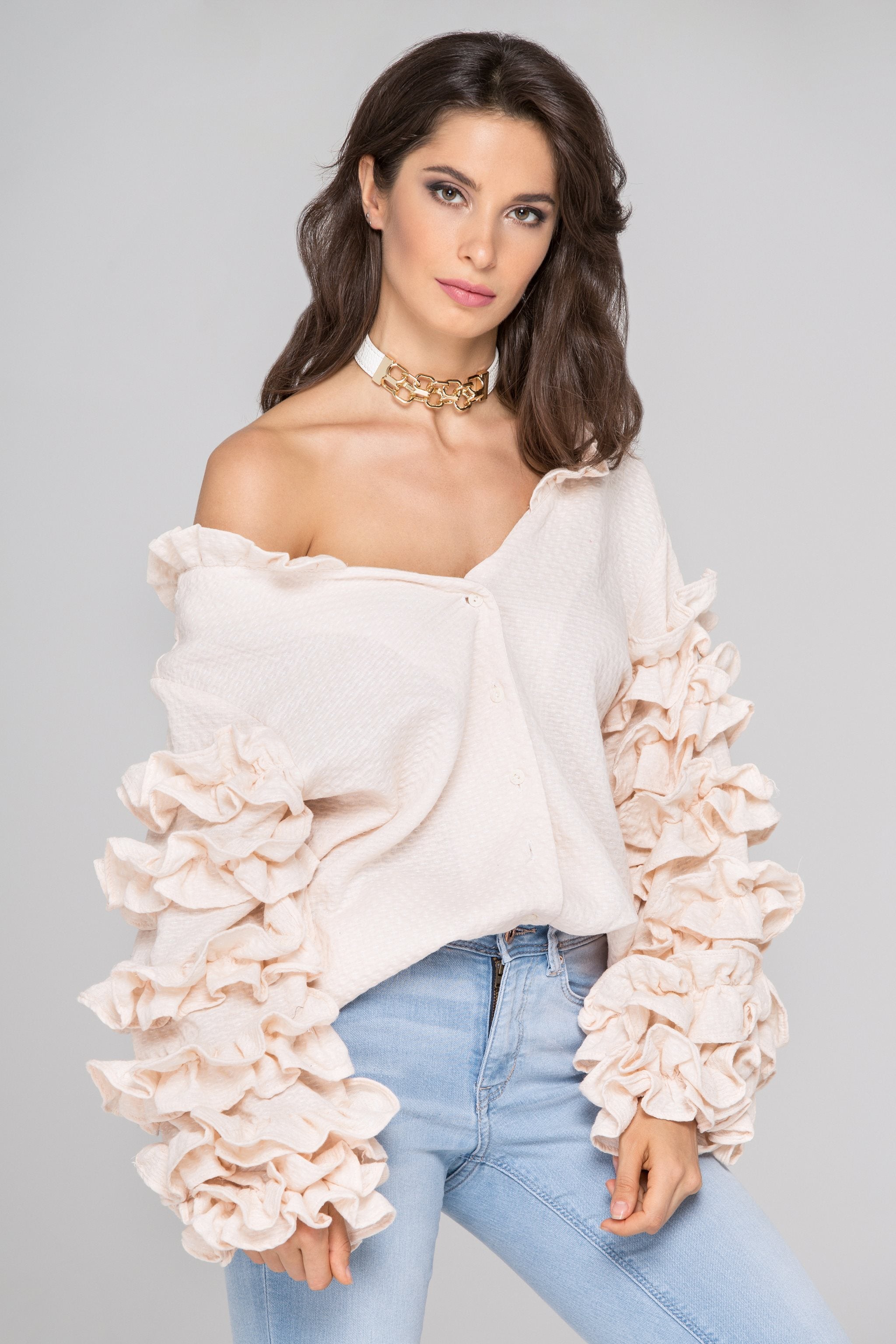 Light Peach Ruffle Sleeve Cardigan - ownthelooks-Development
