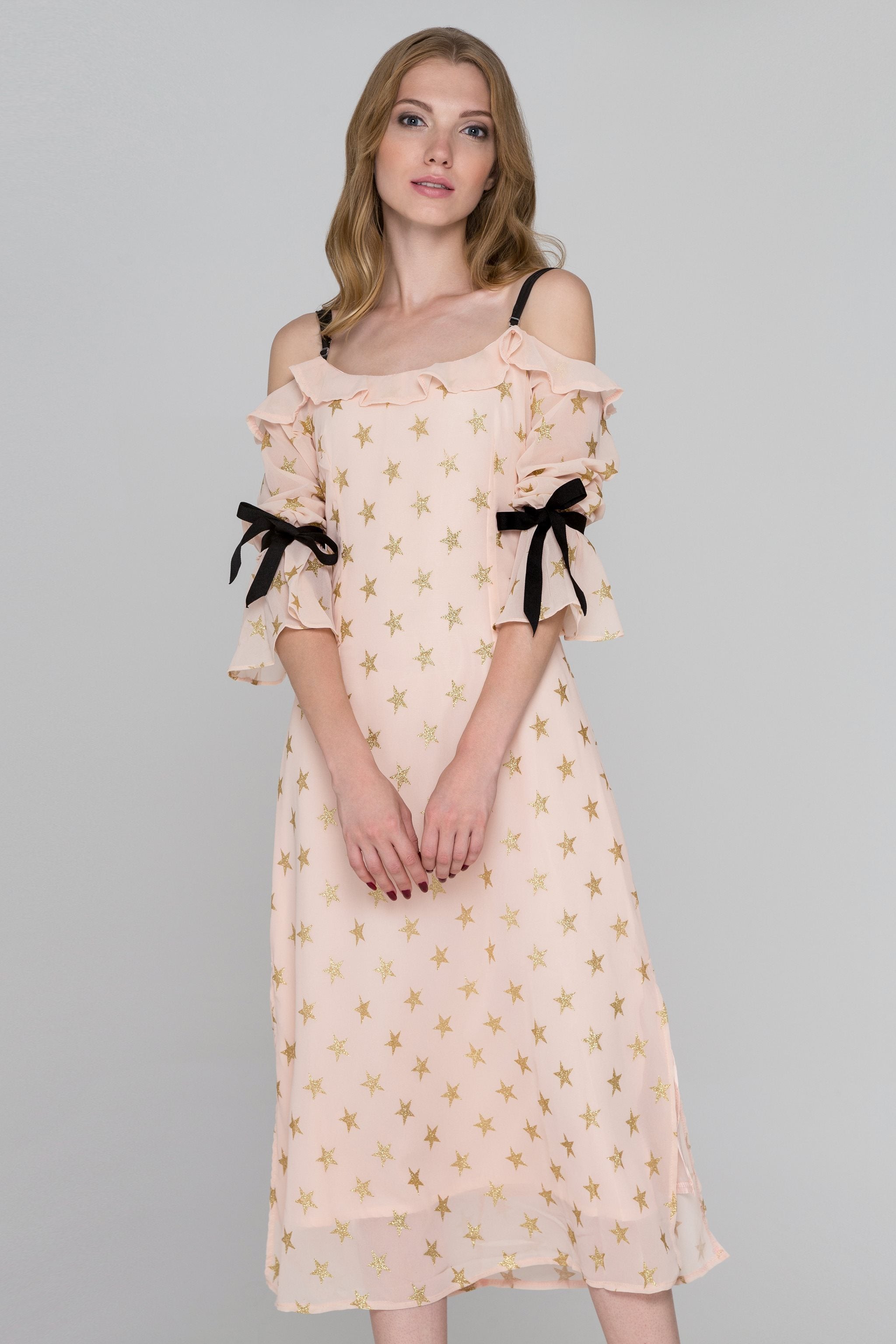 Peach and Gold Star Cold Shoulder Midi Dress - ownthelooks-Development