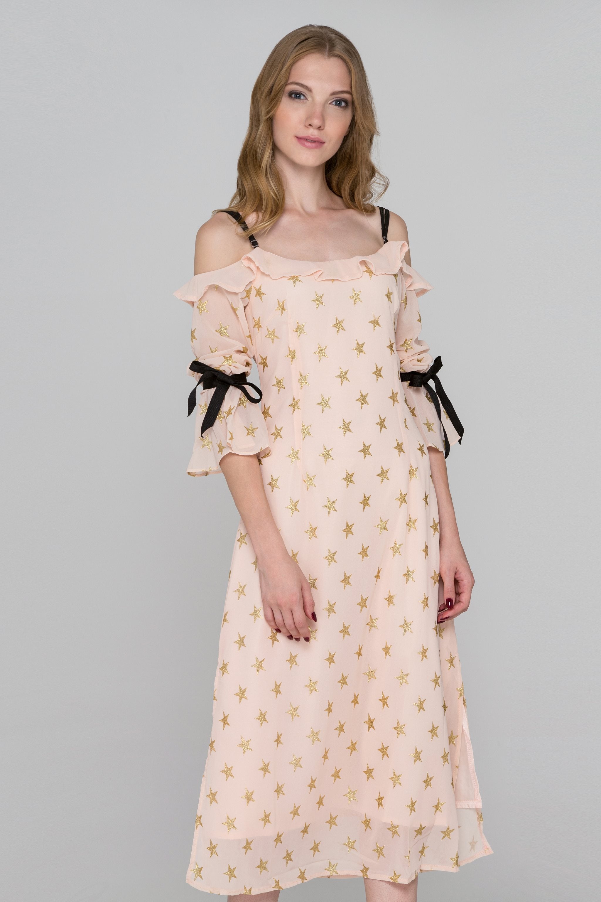 Peach and Gold Star Cold Shoulder Midi Dress - ownthelooks-Development