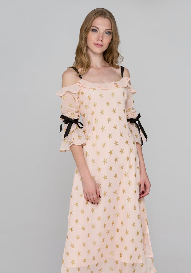 Peach and Gold Star Cold Shoulder Midi Dress - ownthelooks-Development