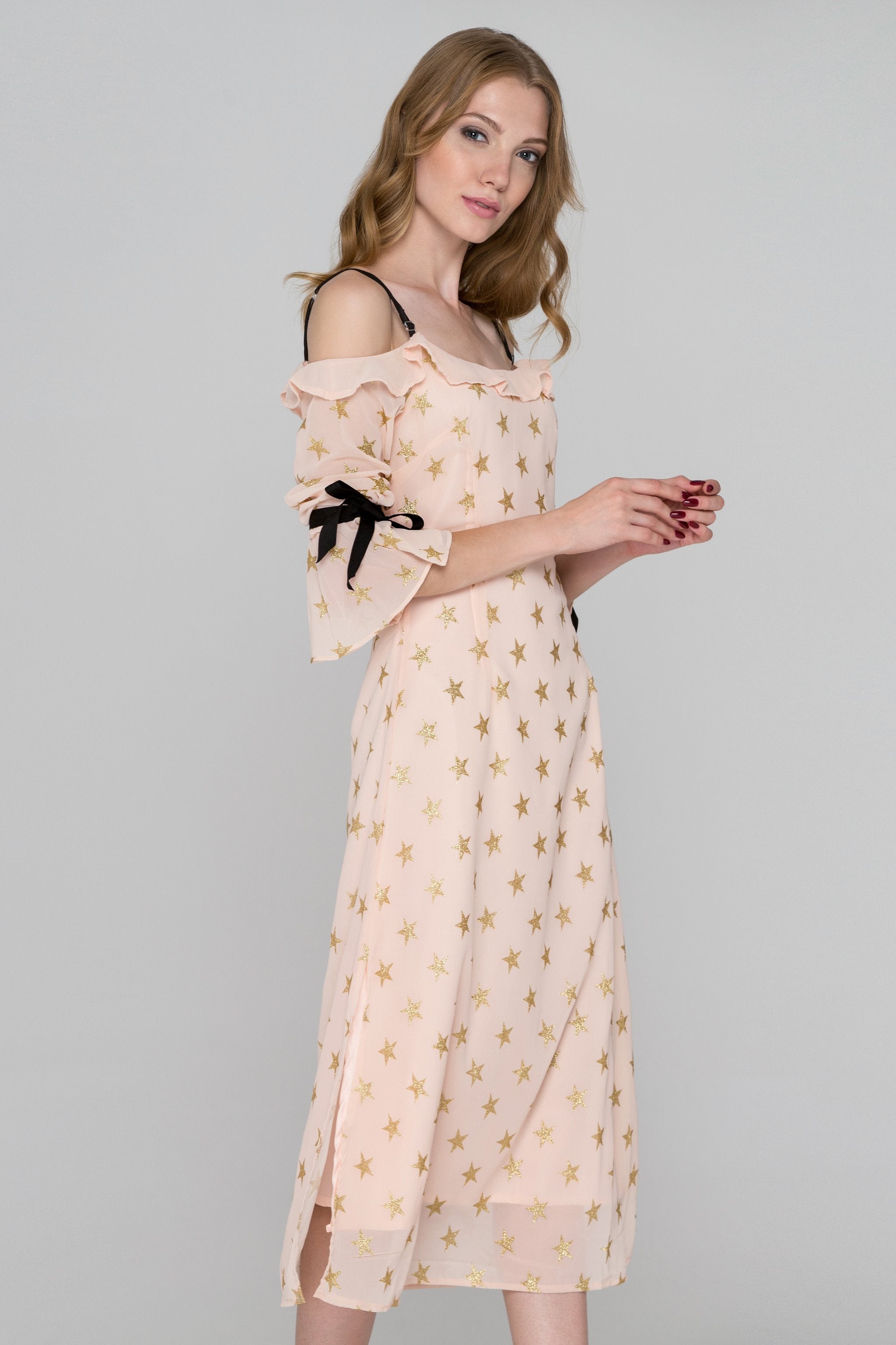 Peach and Gold Star Cold Shoulder Midi Dress - ownthelooks-Development