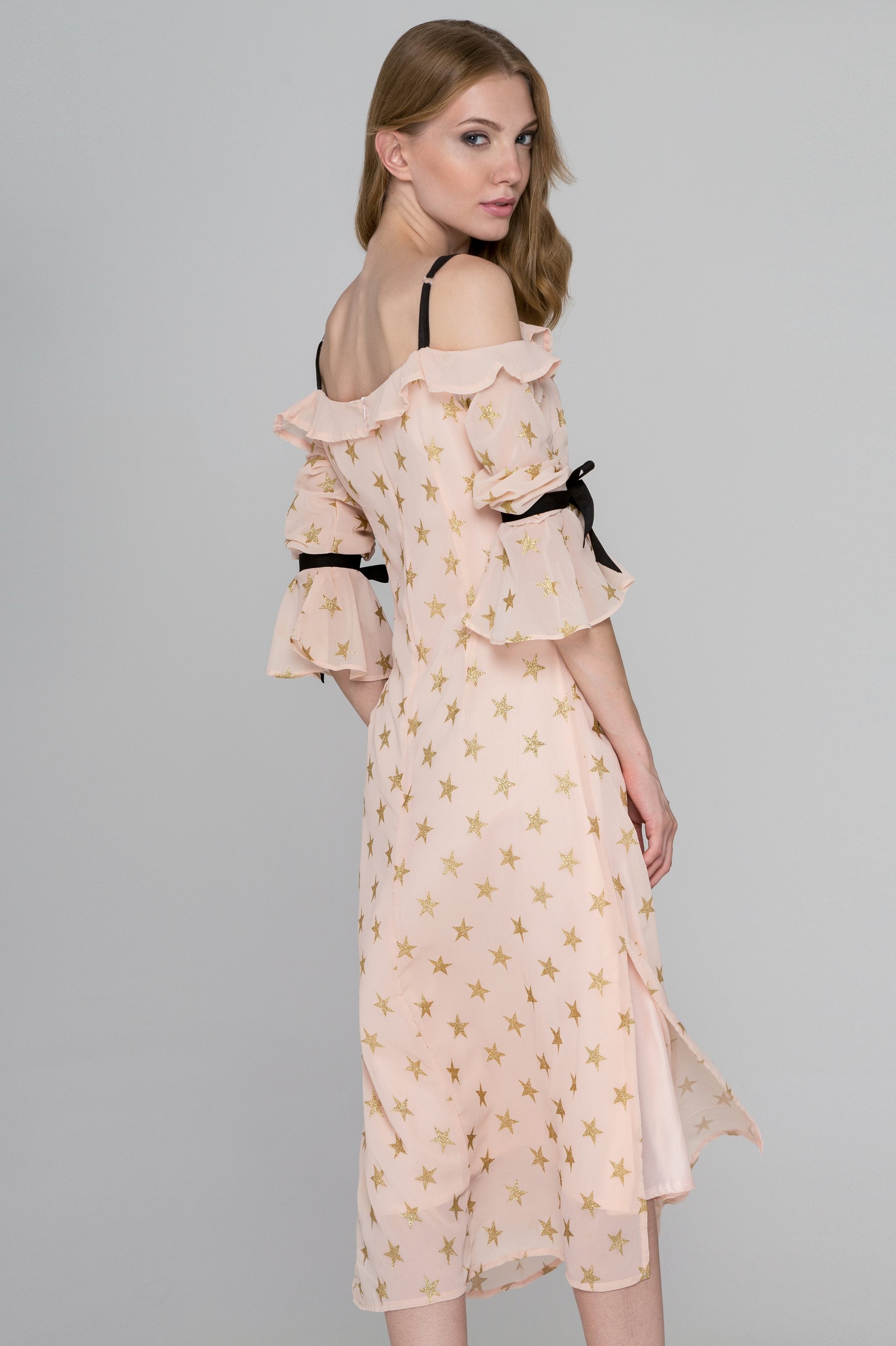 Peach and Gold Star Cold Shoulder Midi Dress - ownthelooks-Development