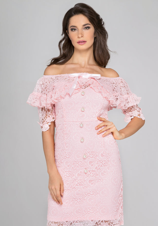 Pink Lace Pearl Off Shoulder Mini Dress - ownthelooks-Development