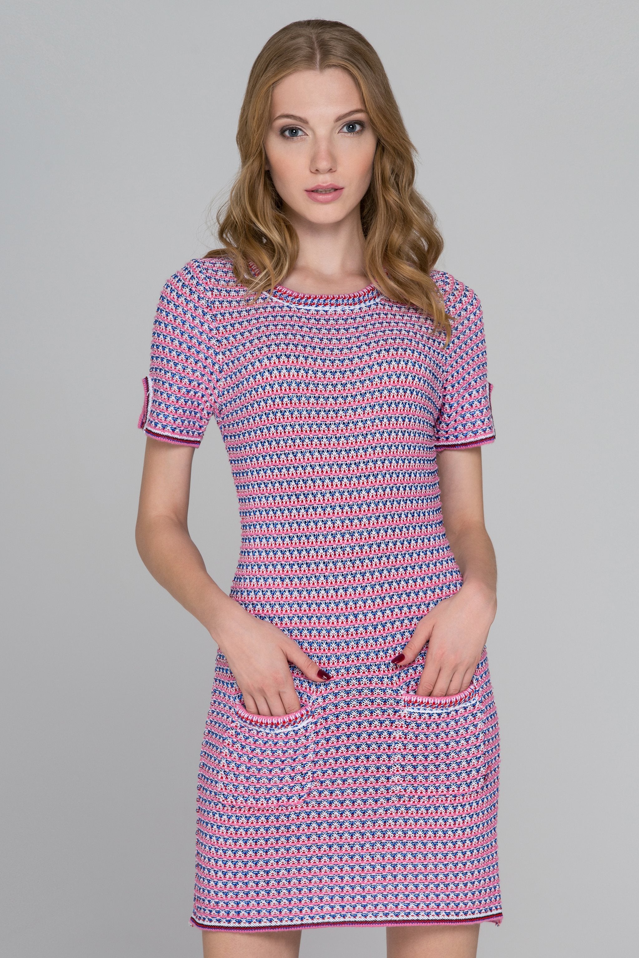 Pink and Blue Crochet Shirt Dress - ownthelooks-Development