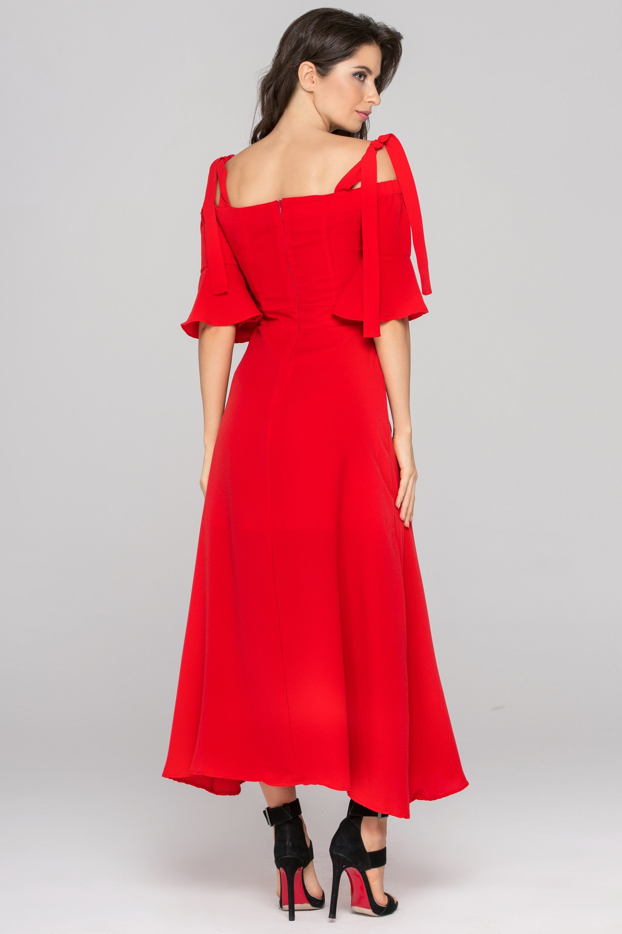Red Cold Shoulder Bell Sleeves Maxi Dress - ownthelooks-Development