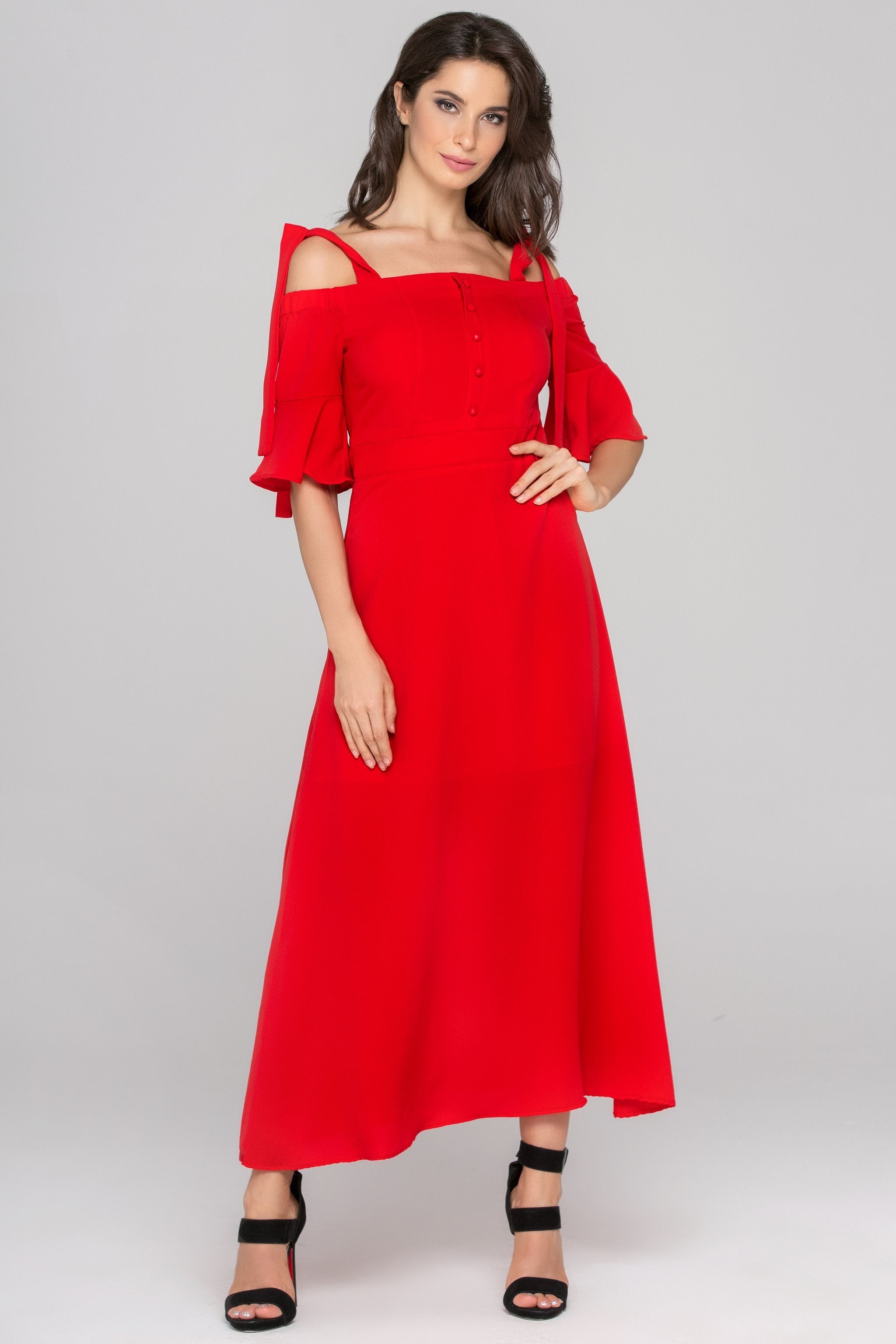 Red Cold Shoulder Bell Sleeves Maxi Dress - ownthelooks-Development
