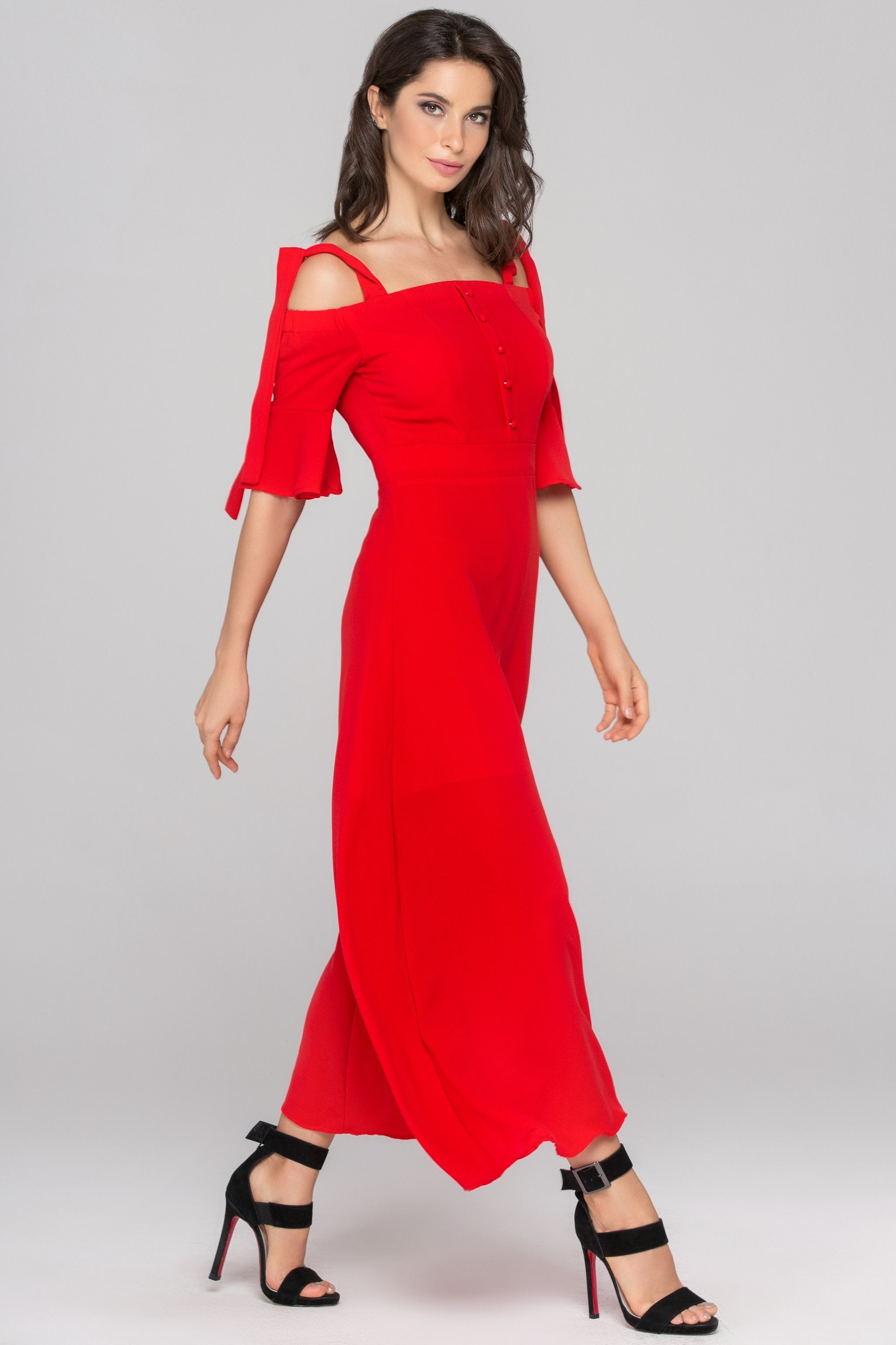 Red Cold Shoulder Bell Sleeves Maxi Dress - ownthelooks-Development