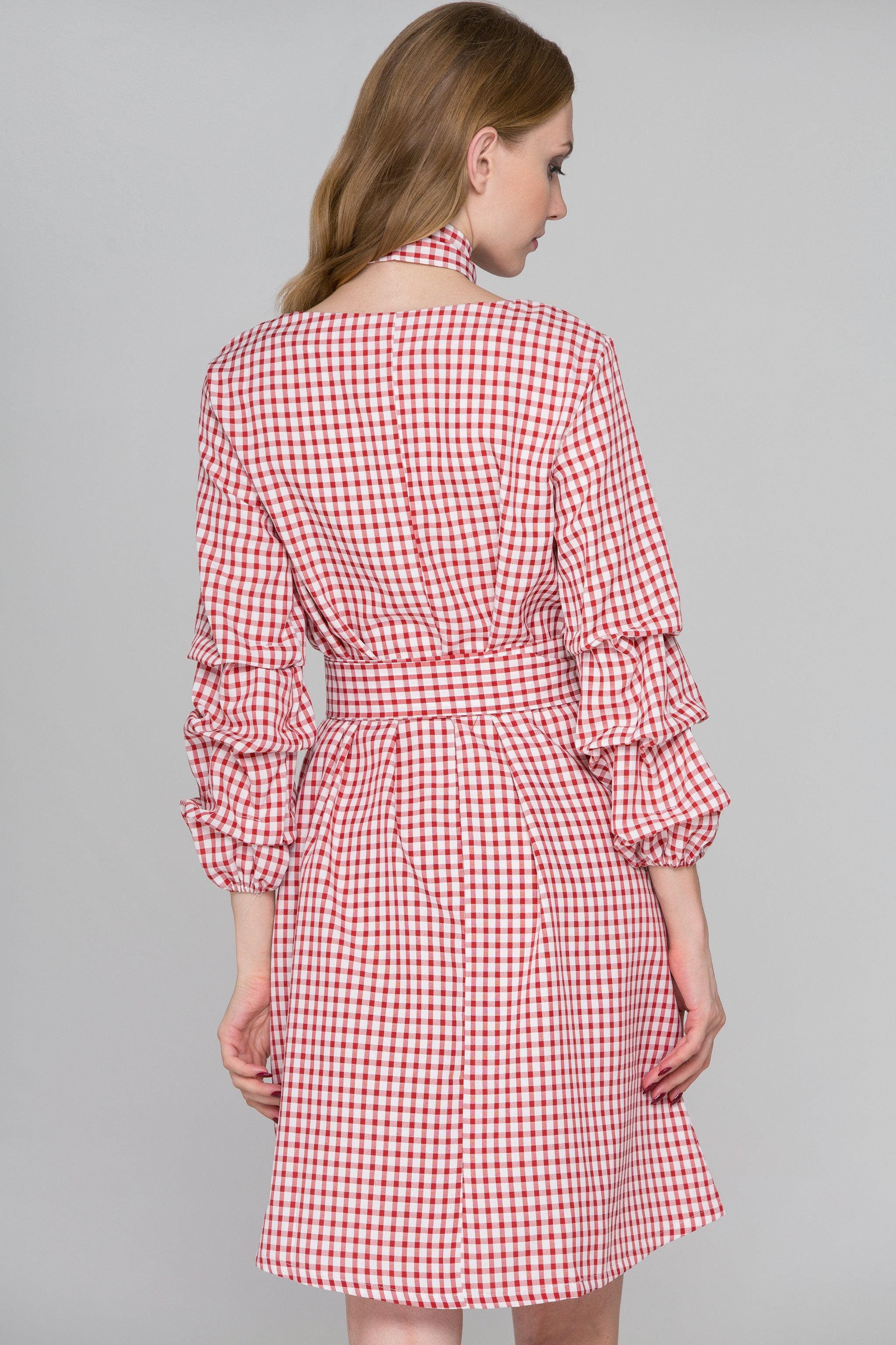 Red Gingham Puff Sleeves Midi Dress - ownthelooks-Development