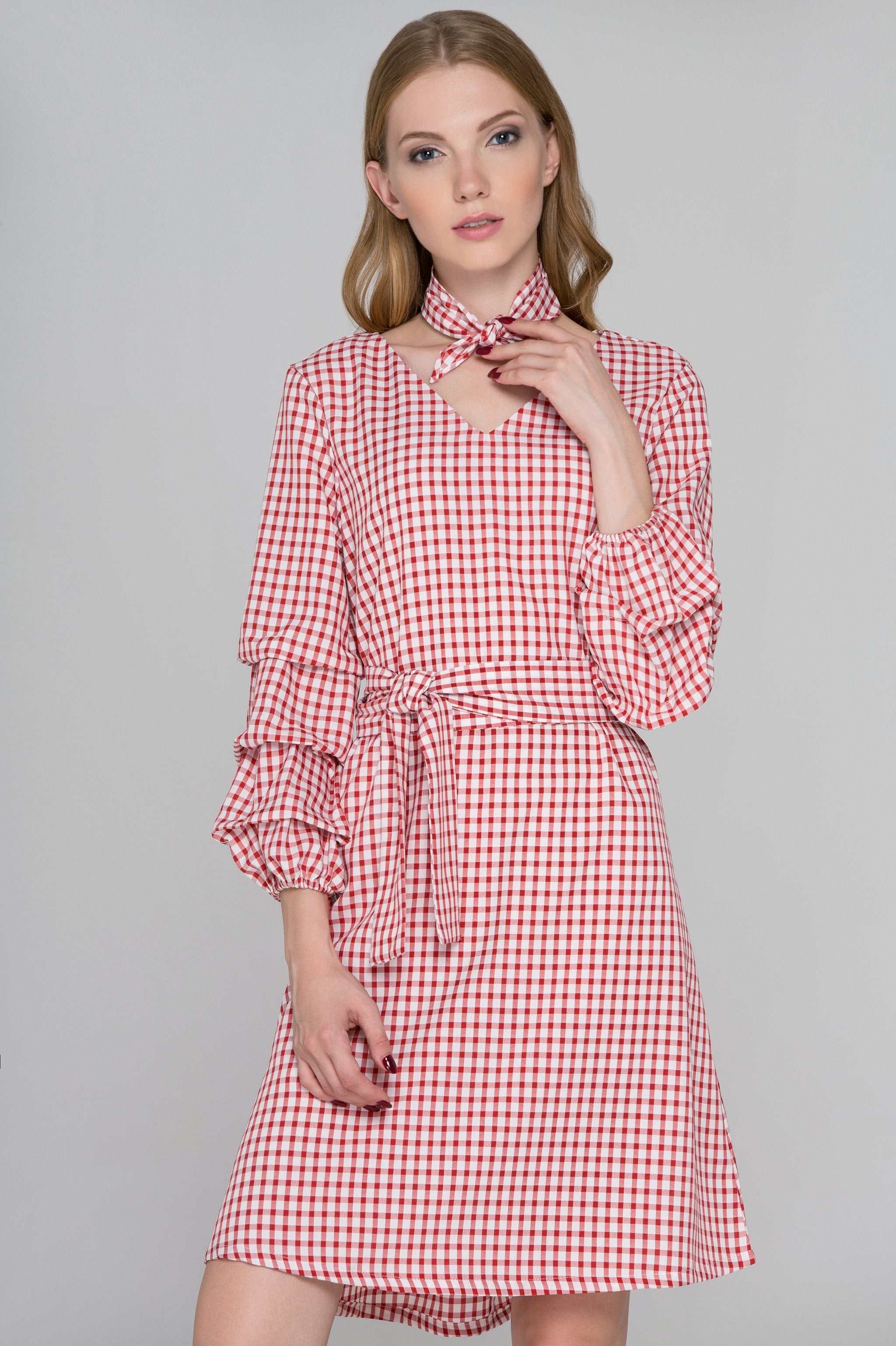 Red Gingham Puff Sleeves Midi Dress - ownthelooks-Development