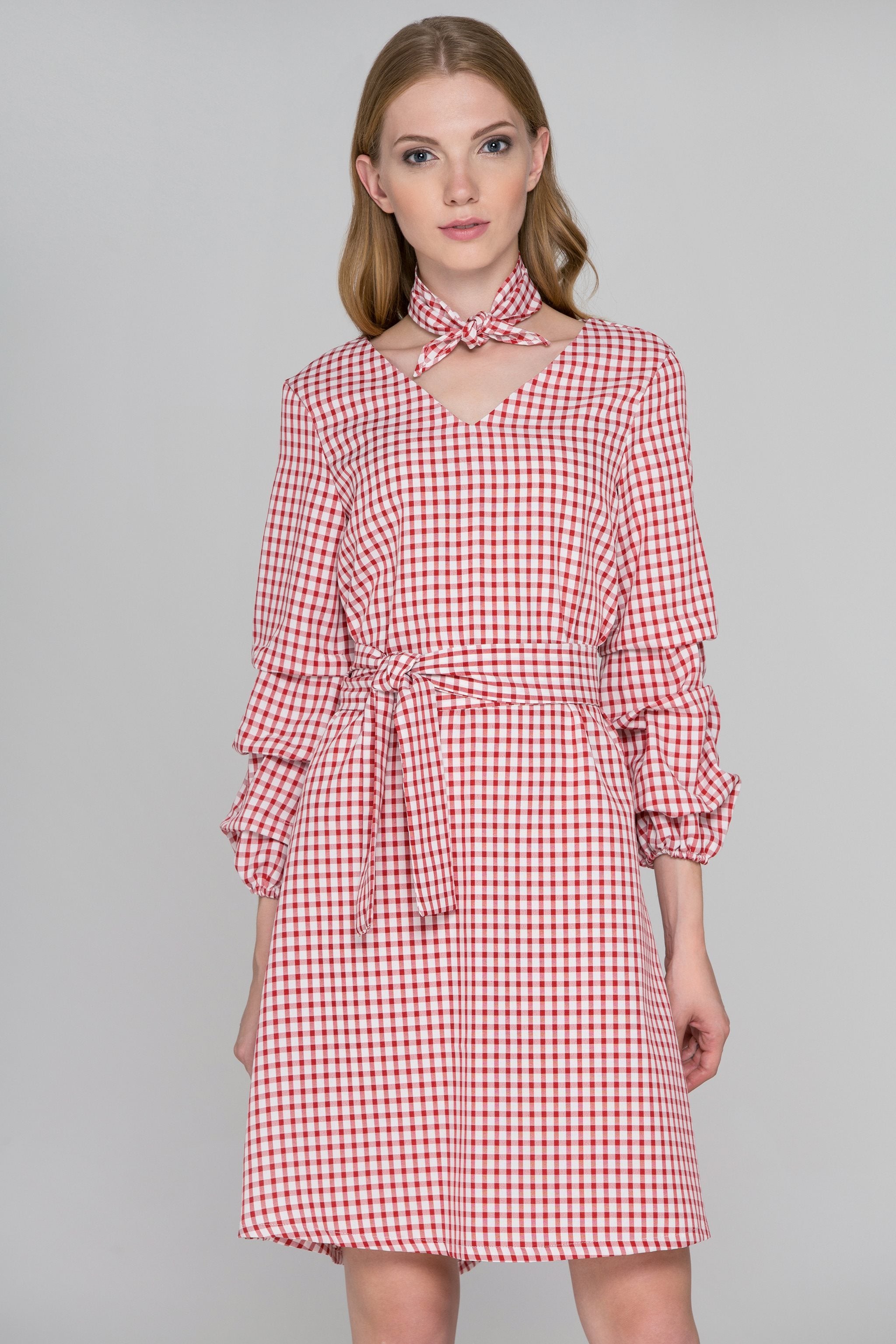 Red Gingham Puff Sleeves Midi Dress - ownthelooks-Development