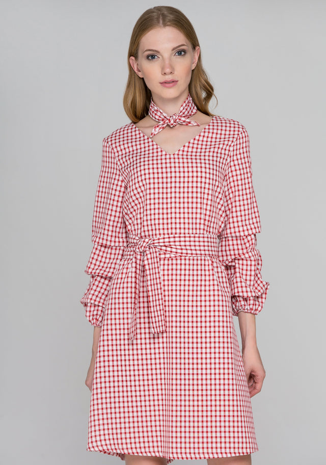Red Gingham Puff Sleeves Midi Dress - ownthelooks-Development