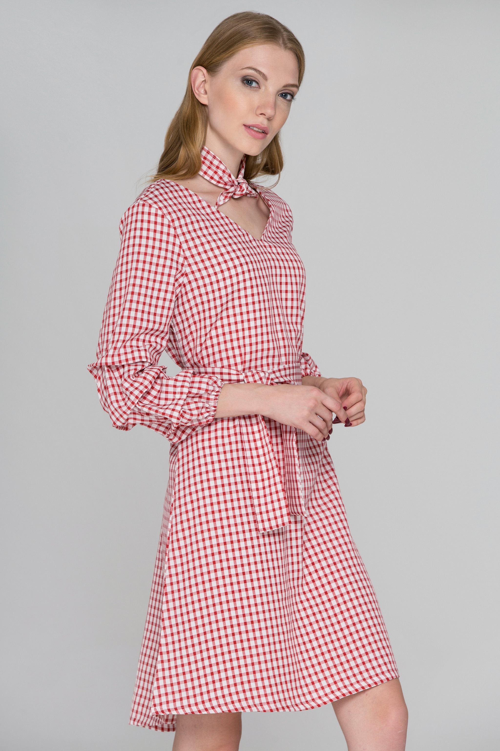 Red Gingham Puff Sleeves Midi Dress - ownthelooks-Development