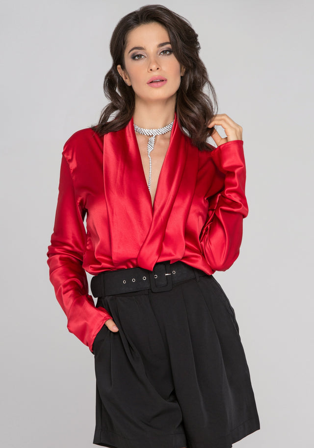 Red Sleeved Satin Front Drape Top - ownthelooks-Development