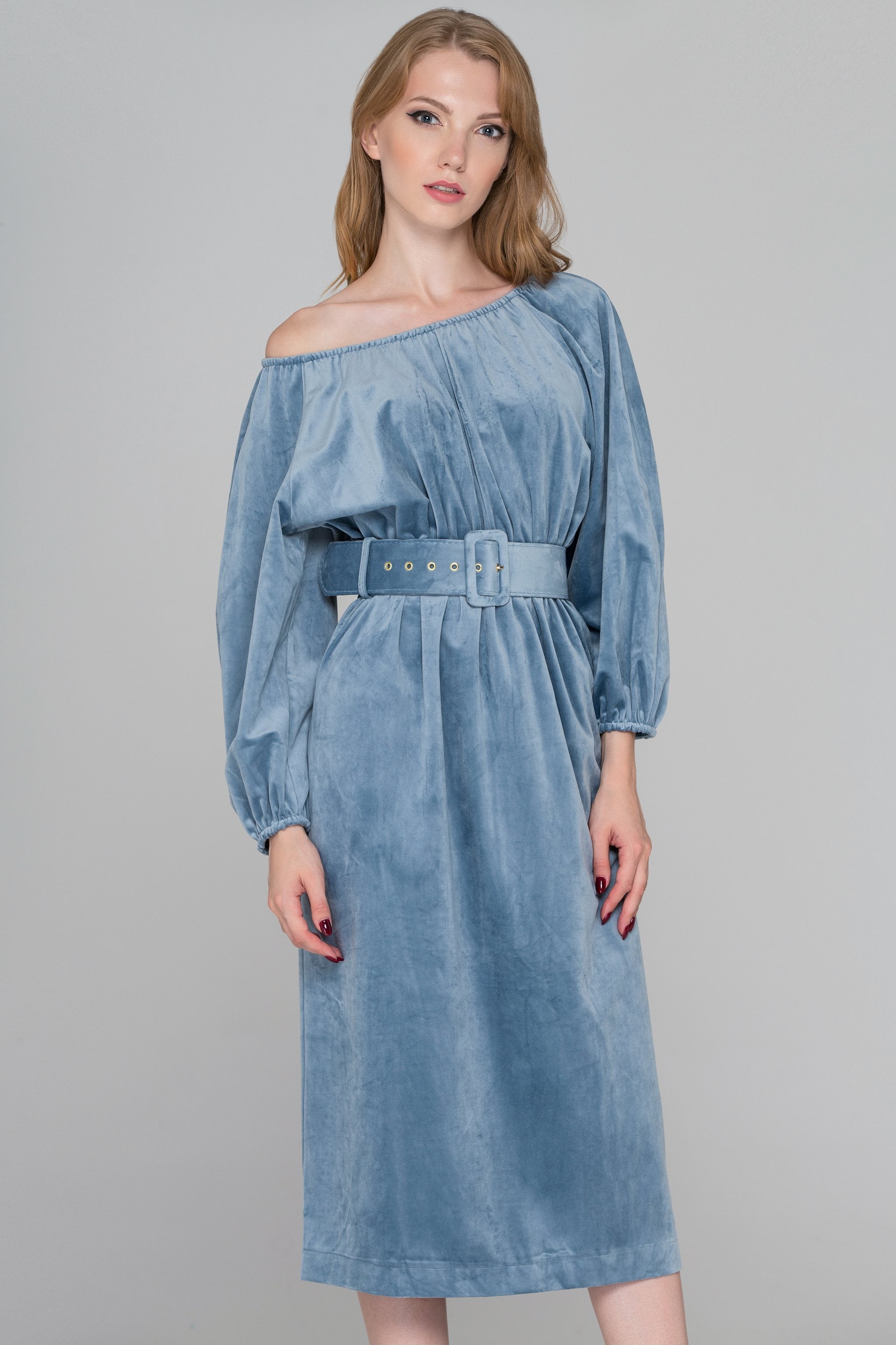 Slate Blue Velvet Belted Midi Dress - ownthelooks-Development