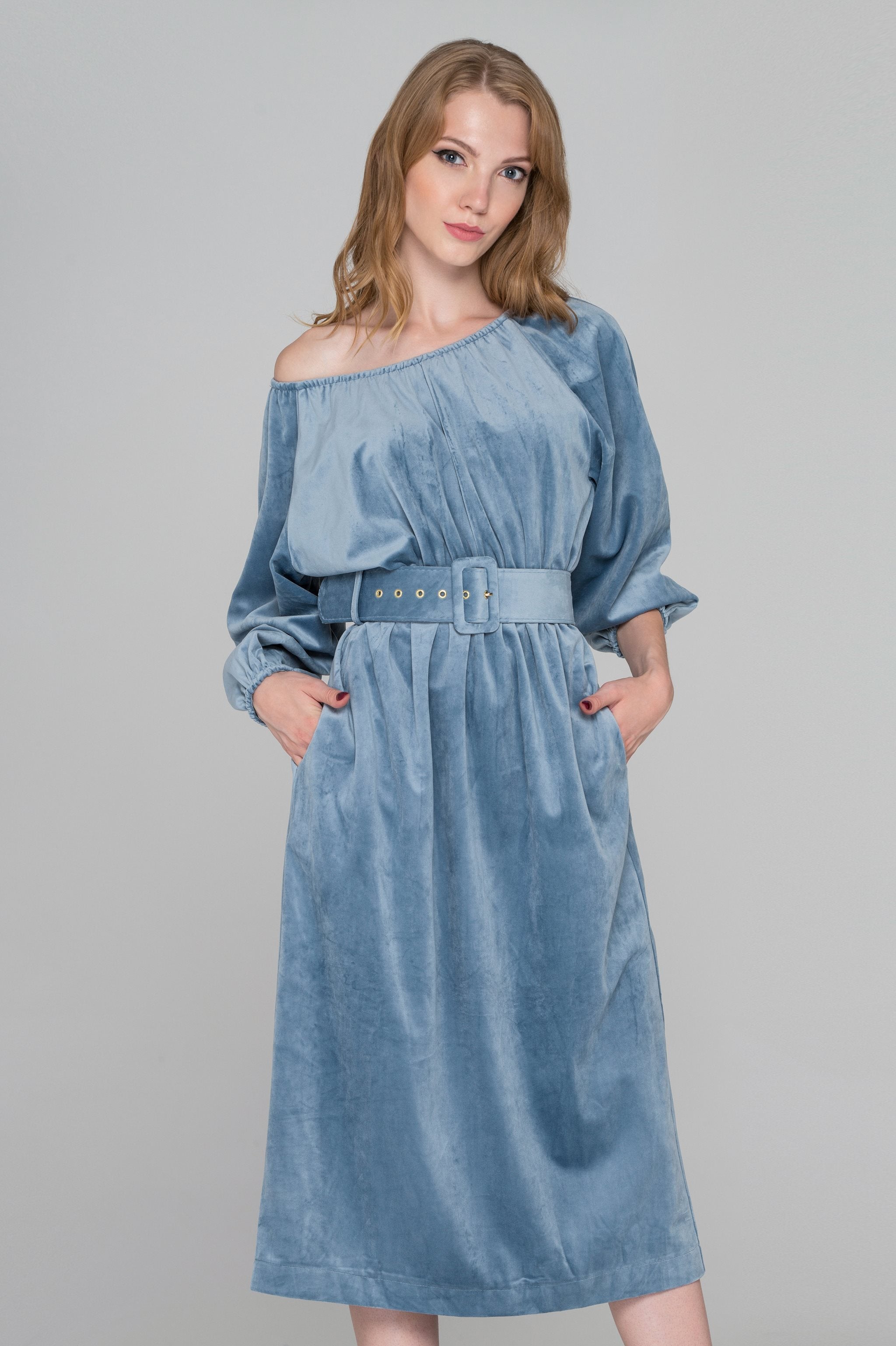 Slate Blue Velvet Belted Midi Dress - ownthelooks-Development