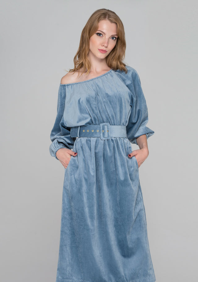 Slate Blue Velvet Belted Midi Dress - ownthelooks-Development