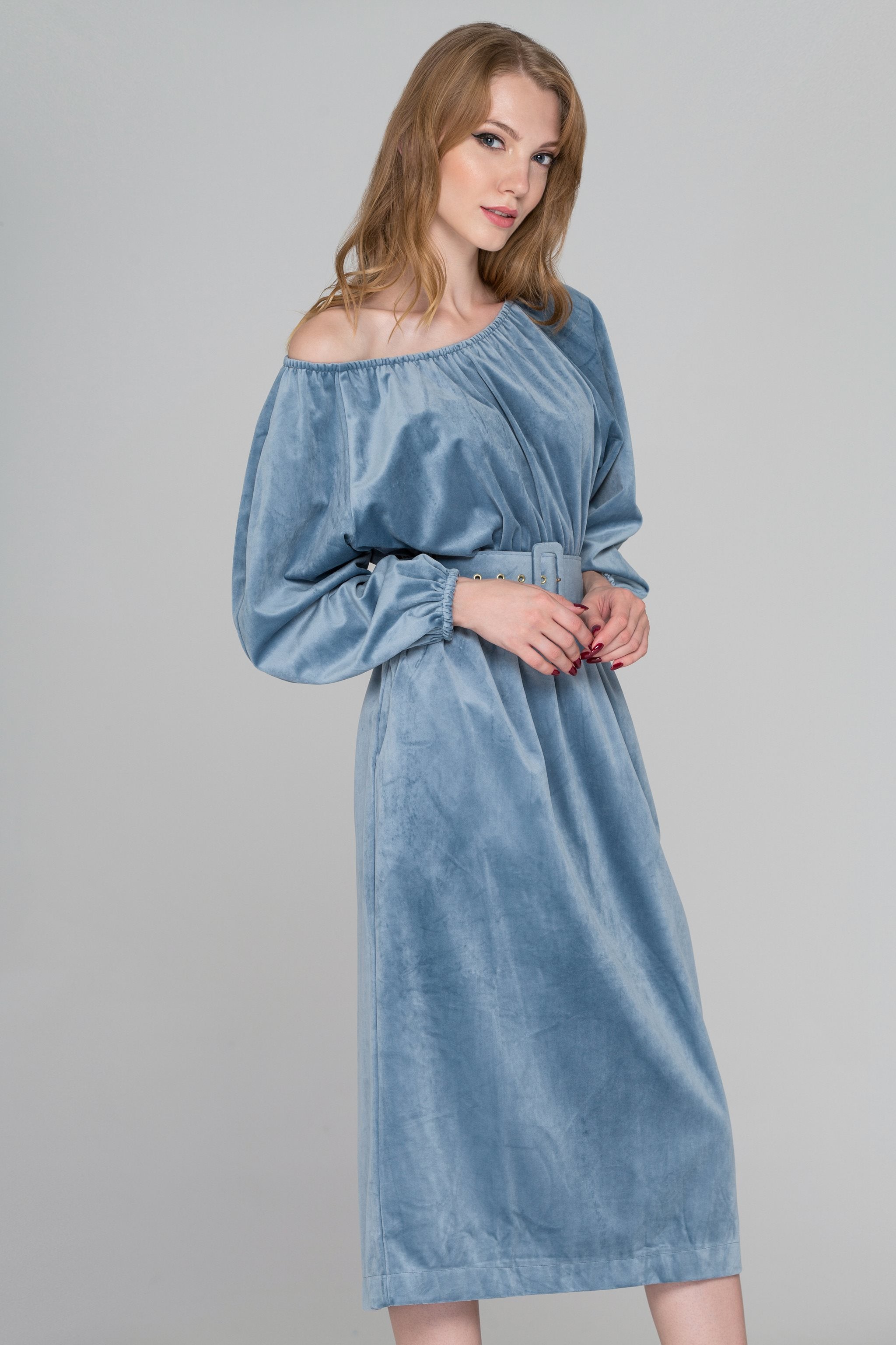 Slate Blue Velvet Belted Midi Dress - ownthelooks-Development