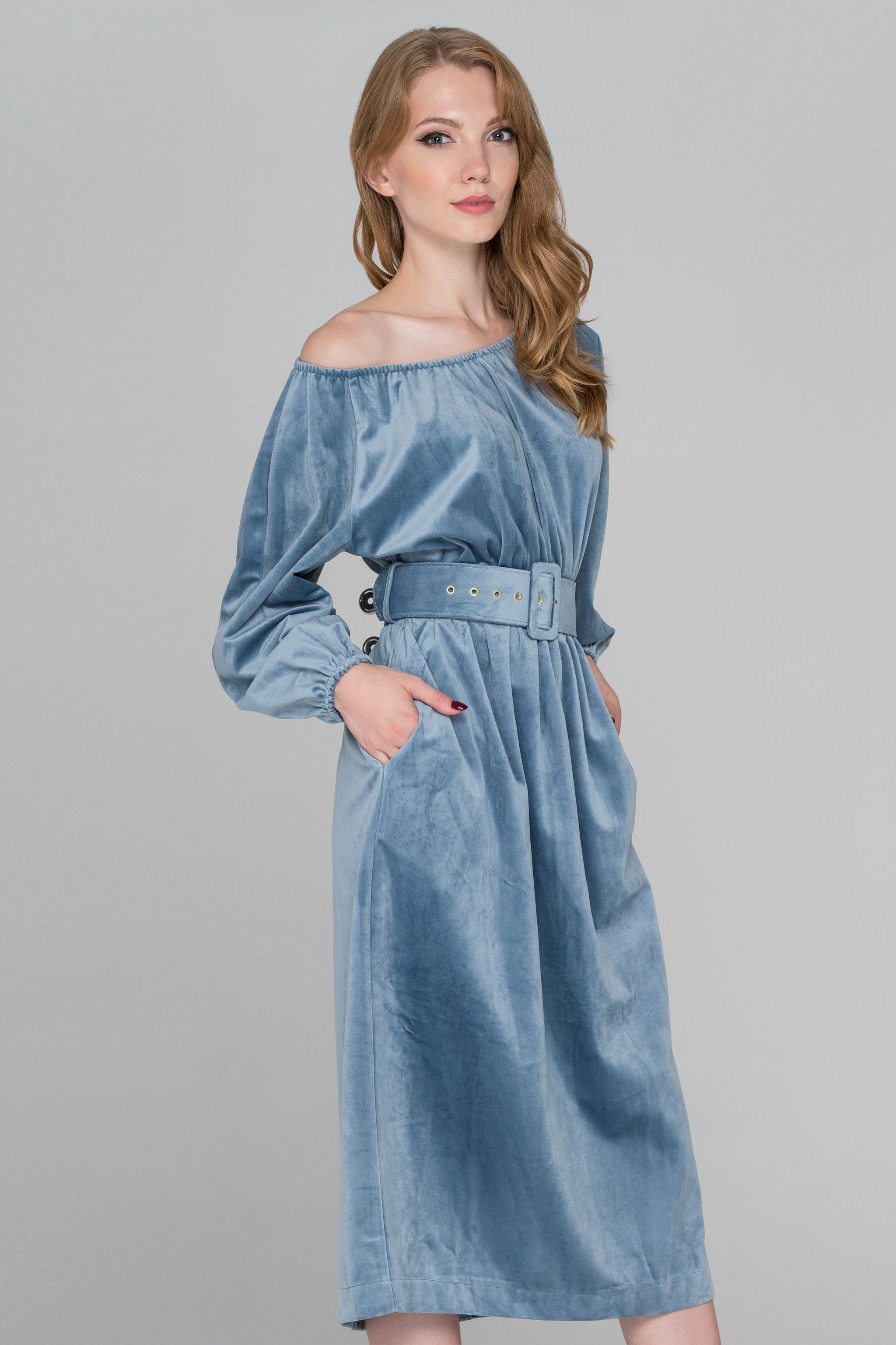 Slate Blue Velvet Belted Midi Dress - ownthelooks-Development