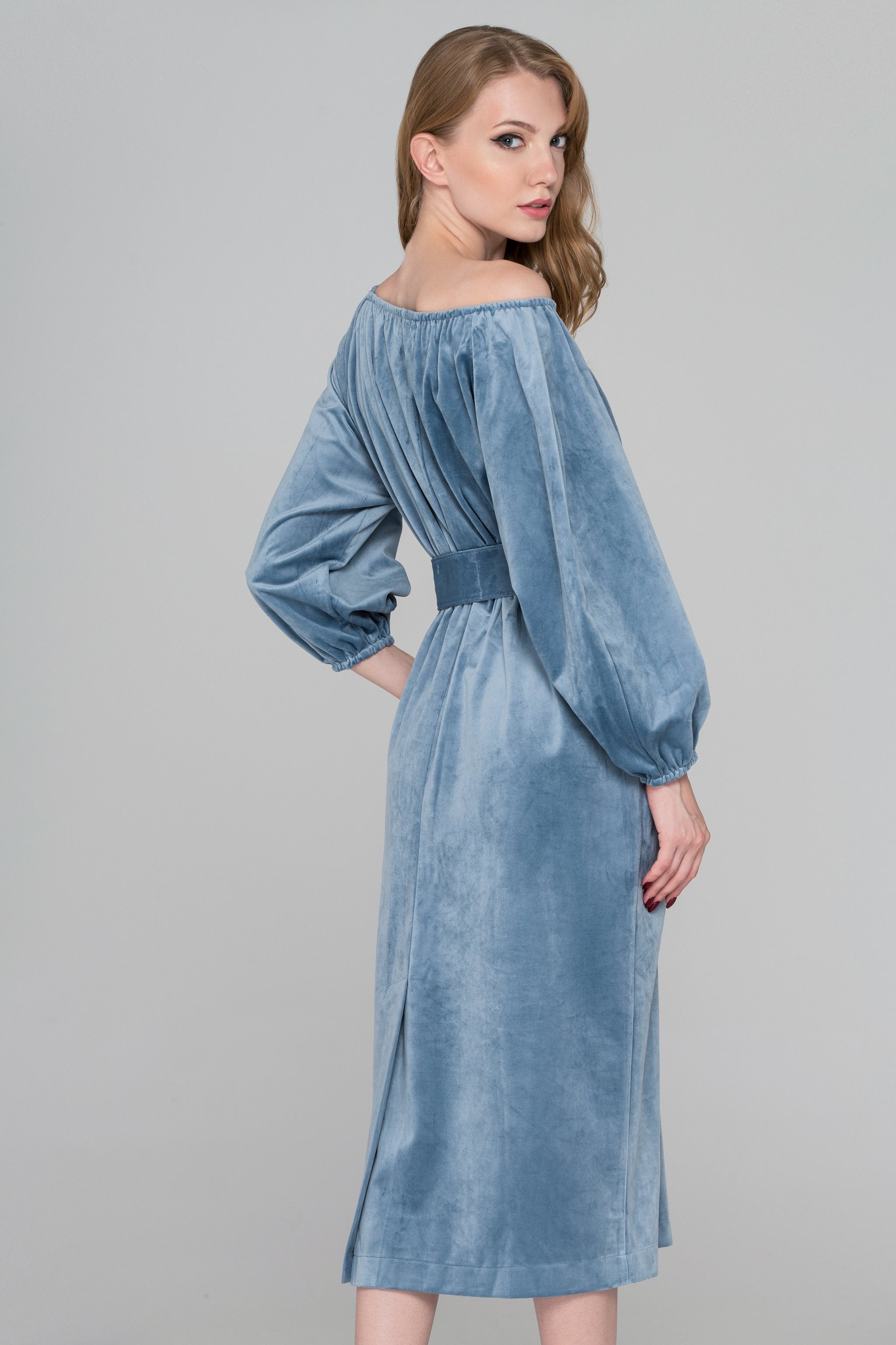 Slate Blue Velvet Belted Midi Dress - ownthelooks-Development