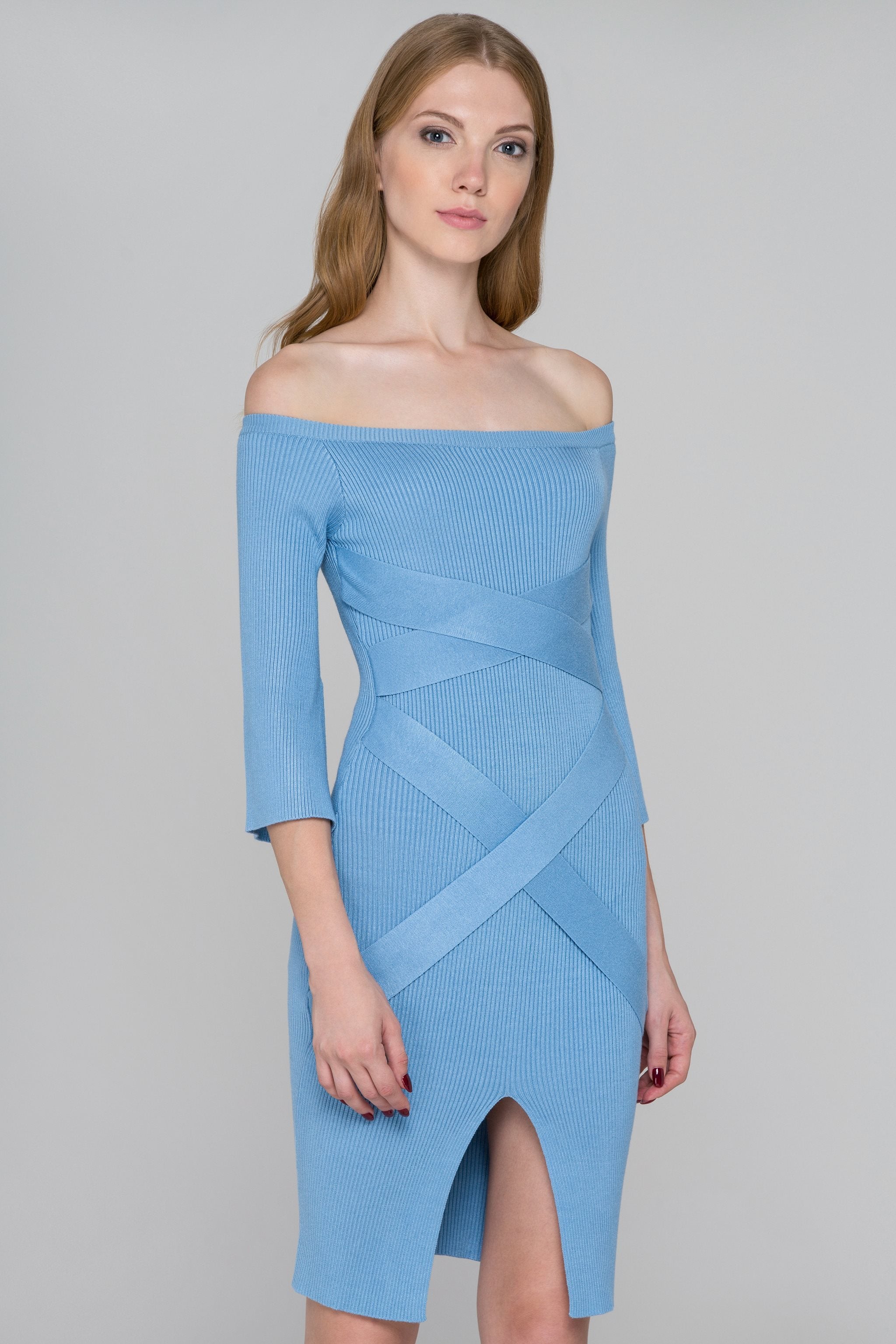 Stone Blue Bodycon Band Criss Cross Midi Dress - ownthelooks-Development