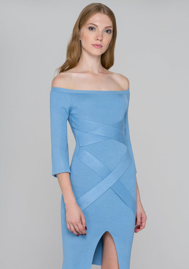 Stone Blue Bodycon Band Criss Cross Midi Dress - ownthelooks-Development