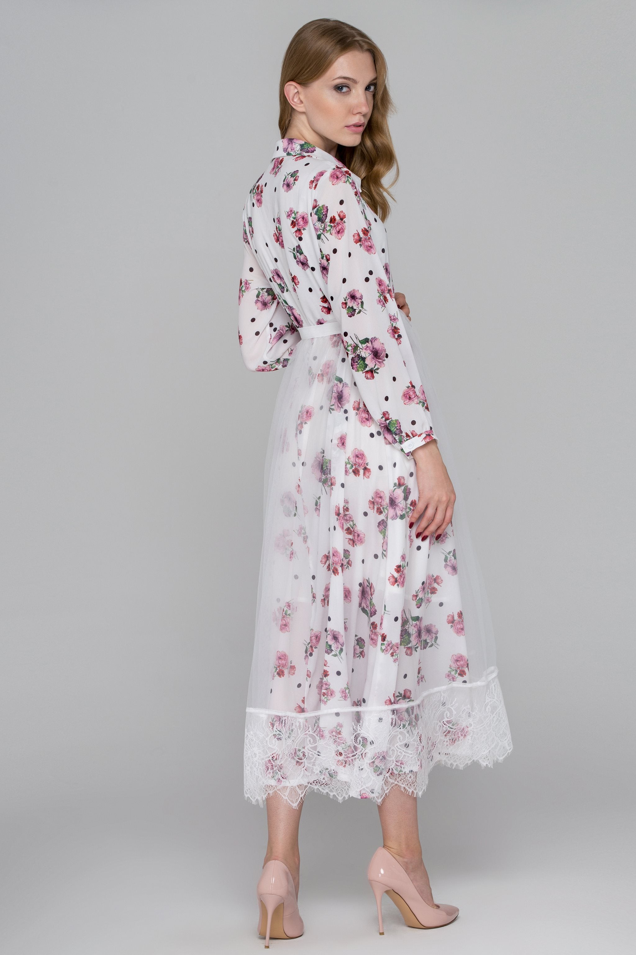 White Floral Dots Tulle Layer Maxi Shirt Dress - ownthelooks-Development