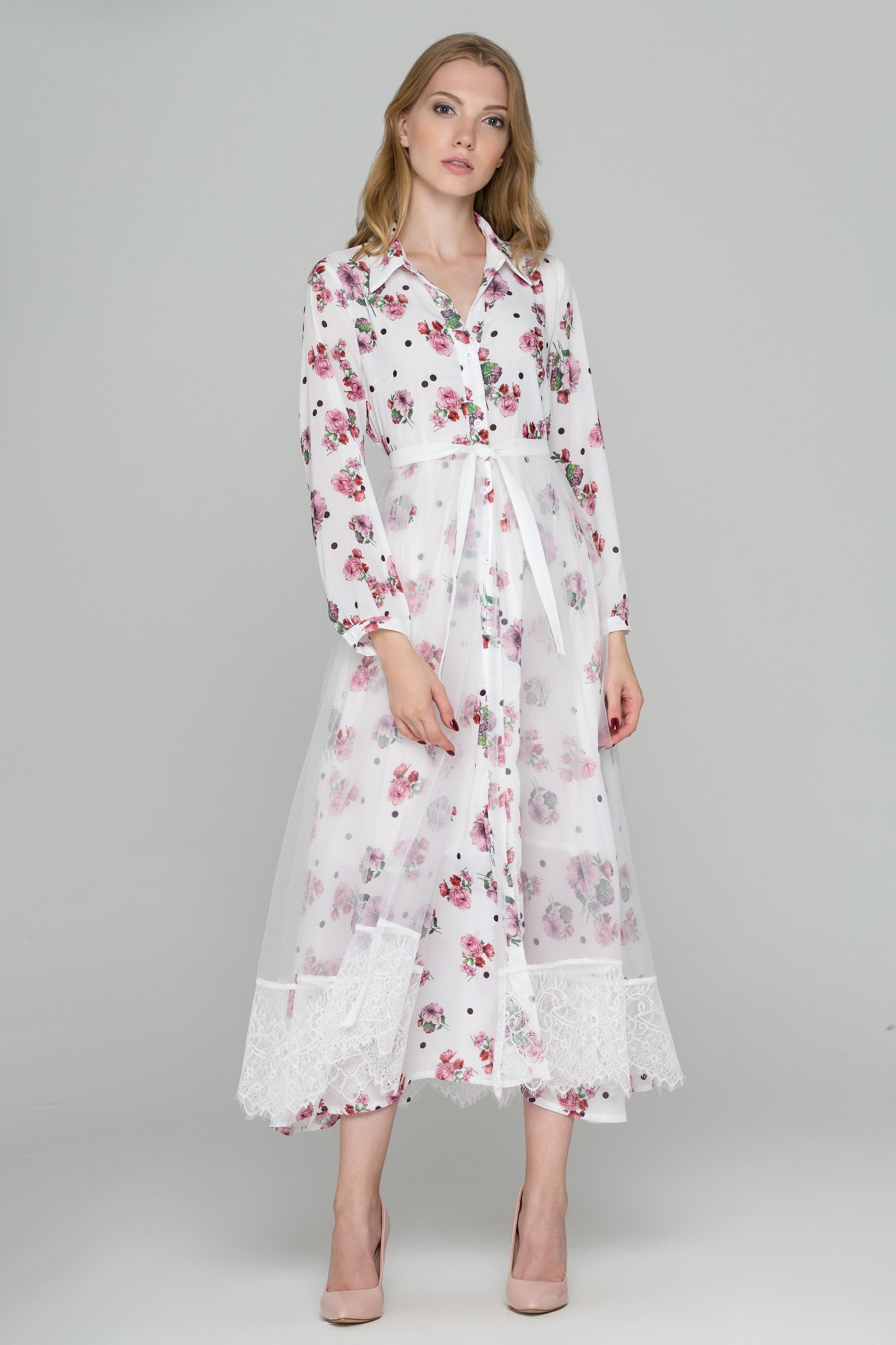 White Floral Dots Tulle Layer Maxi Shirt Dress - ownthelooks-Development