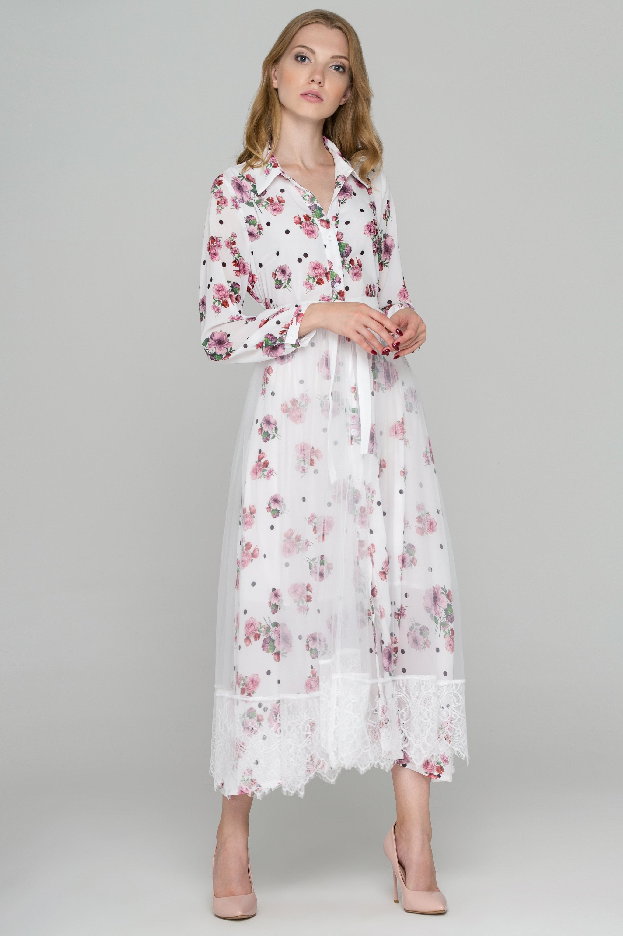 White Floral Dots Tulle Layer Maxi Shirt Dress - ownthelooks-Development