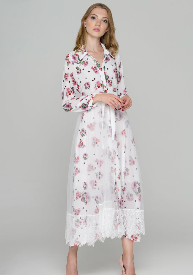 White Floral Dots Tulle Layer Maxi Shirt Dress - ownthelooks-Development