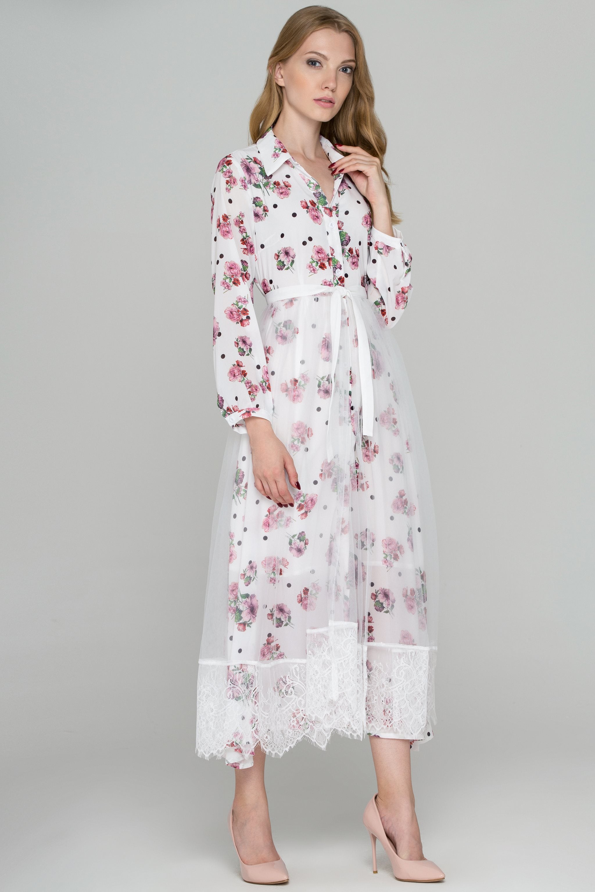 White Floral Dots Tulle Layer Maxi Shirt Dress - ownthelooks-Development