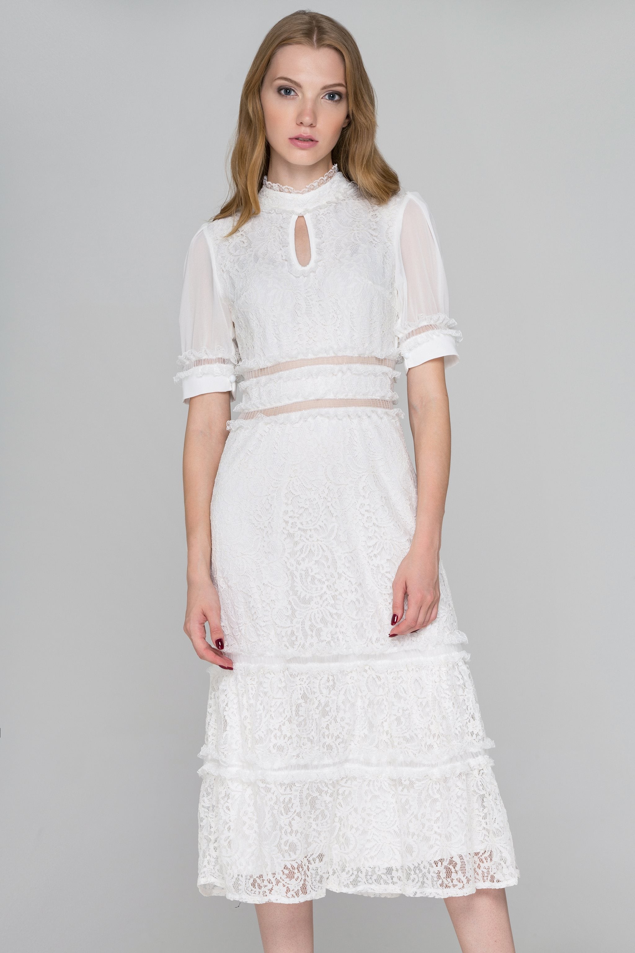 White Lace Ruffle Trim Midi Dress - ownthelooks-Development