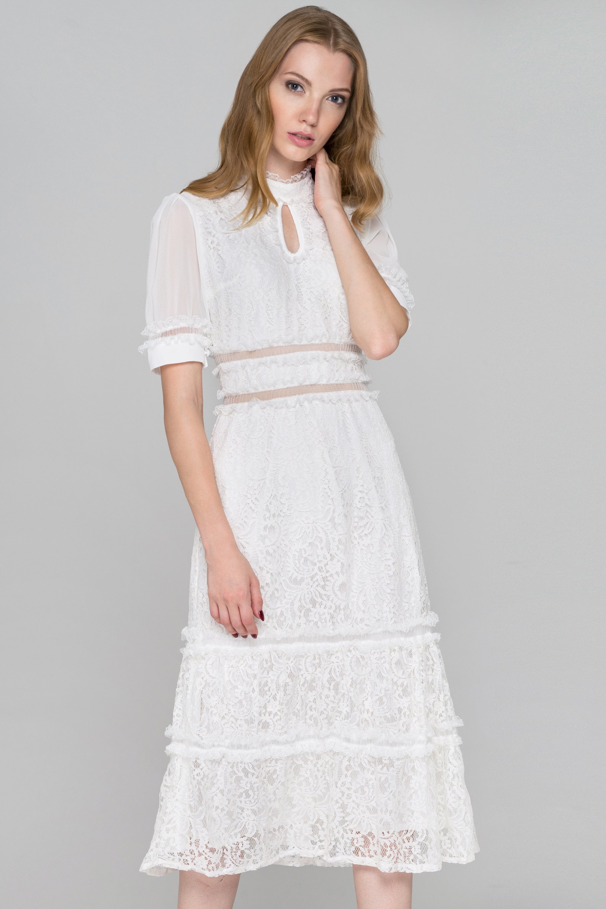 White Lace Ruffle Trim Midi Dress - ownthelooks-Development