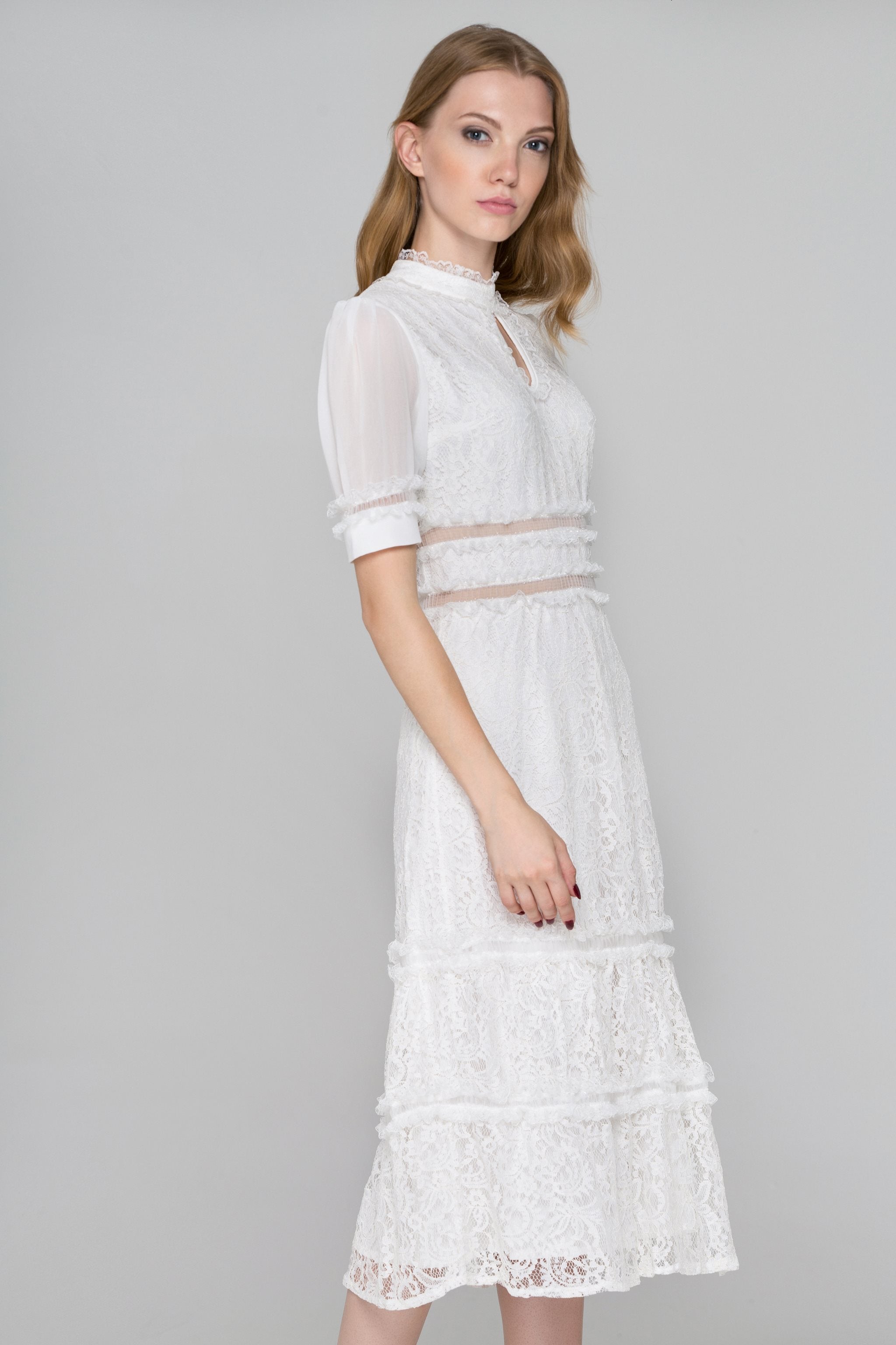 White Lace Ruffle Trim Midi Dress - ownthelooks-Development