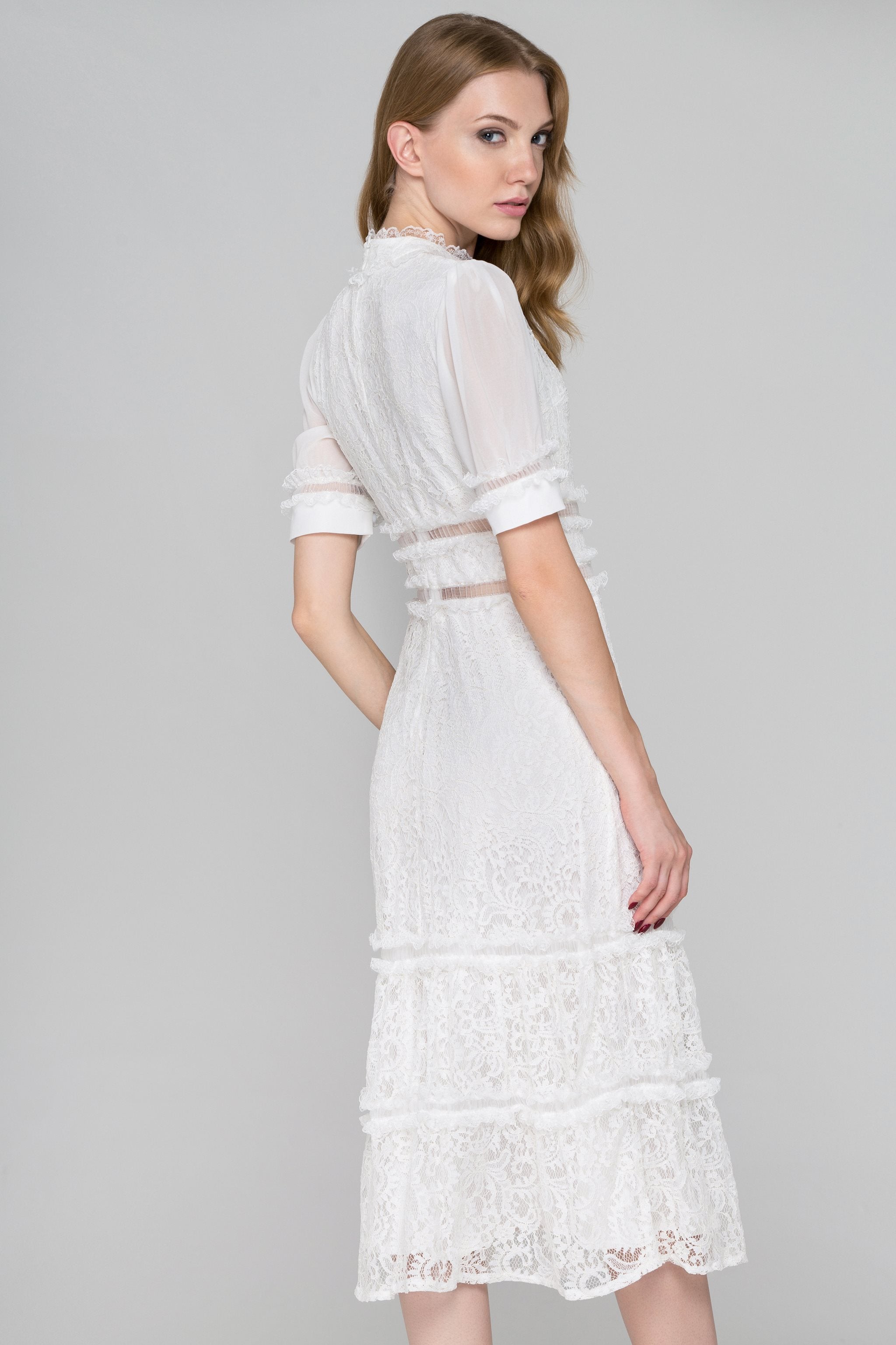 White Lace Ruffle Trim Midi Dress - ownthelooks-Development